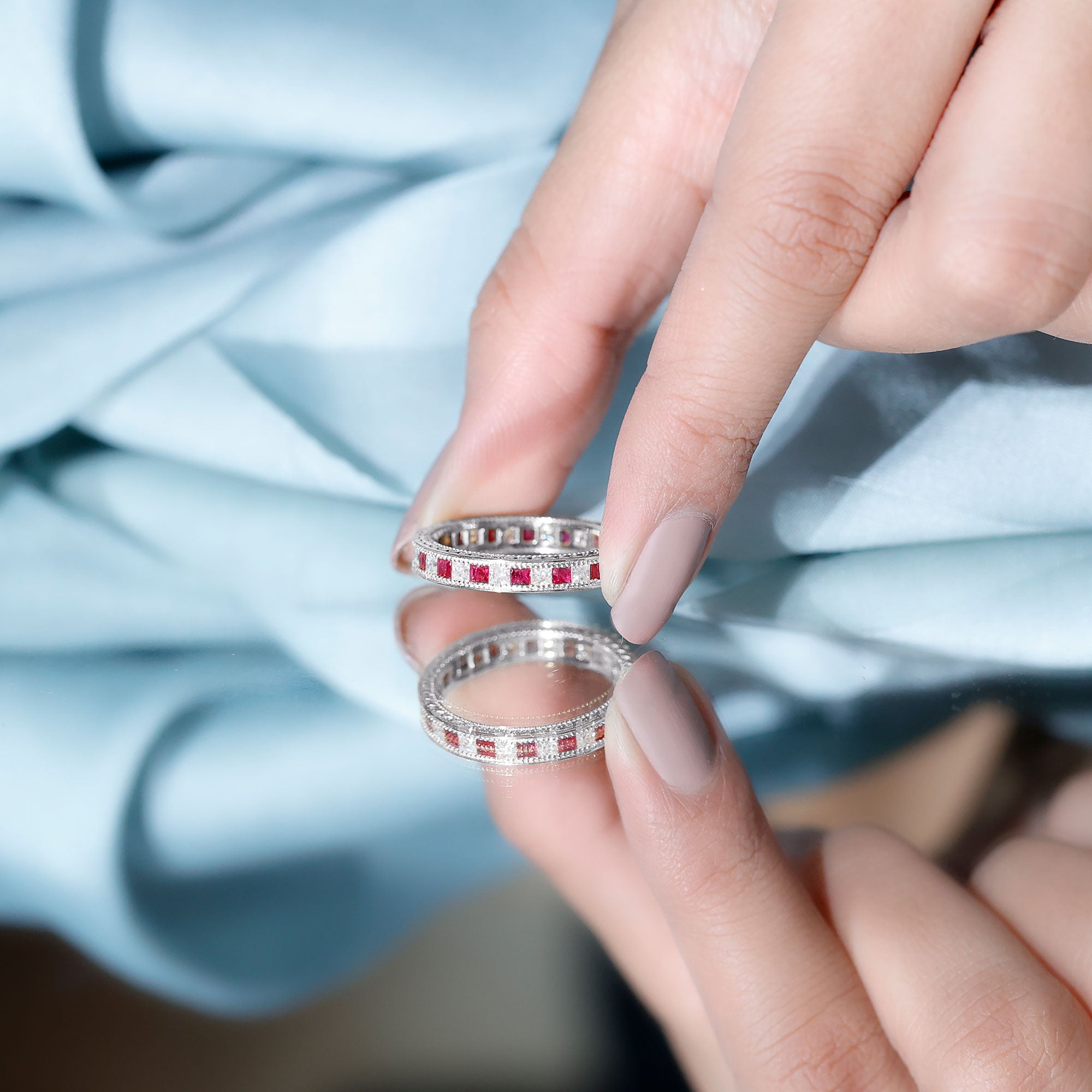 Certified Natural Princess Cut Ruby Eternity Ring with Moissanite AAA - Rosec Jewels