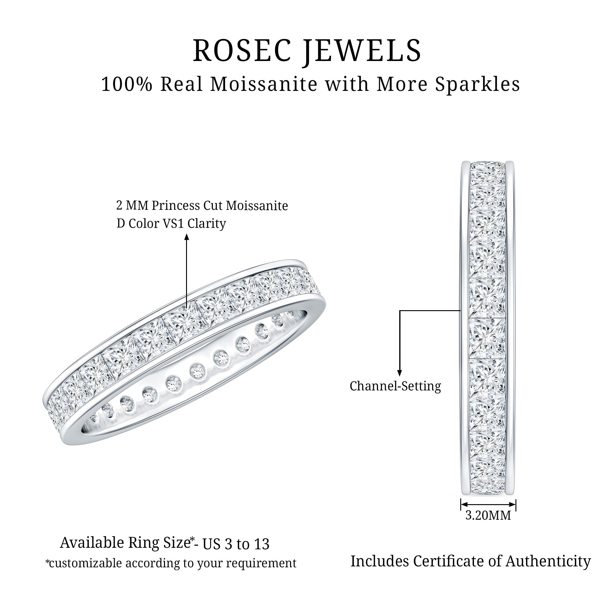 Princess Cut Moissanite Eternity Band Ring in Channel Setting D-VS1 - Rosec Jewels