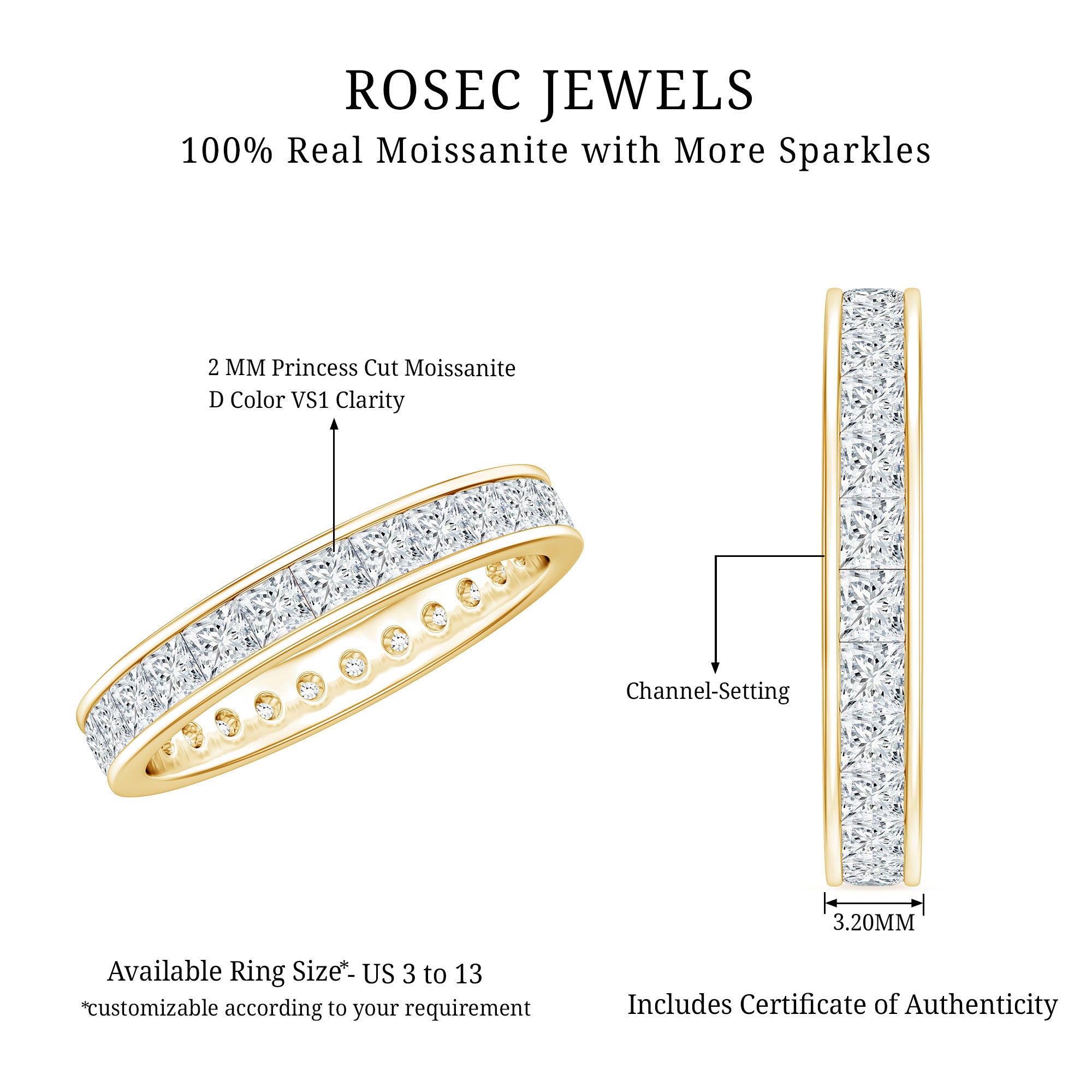 Princess Cut Moissanite Eternity Band Ring in Channel Setting D-VS1 - Rosec Jewels