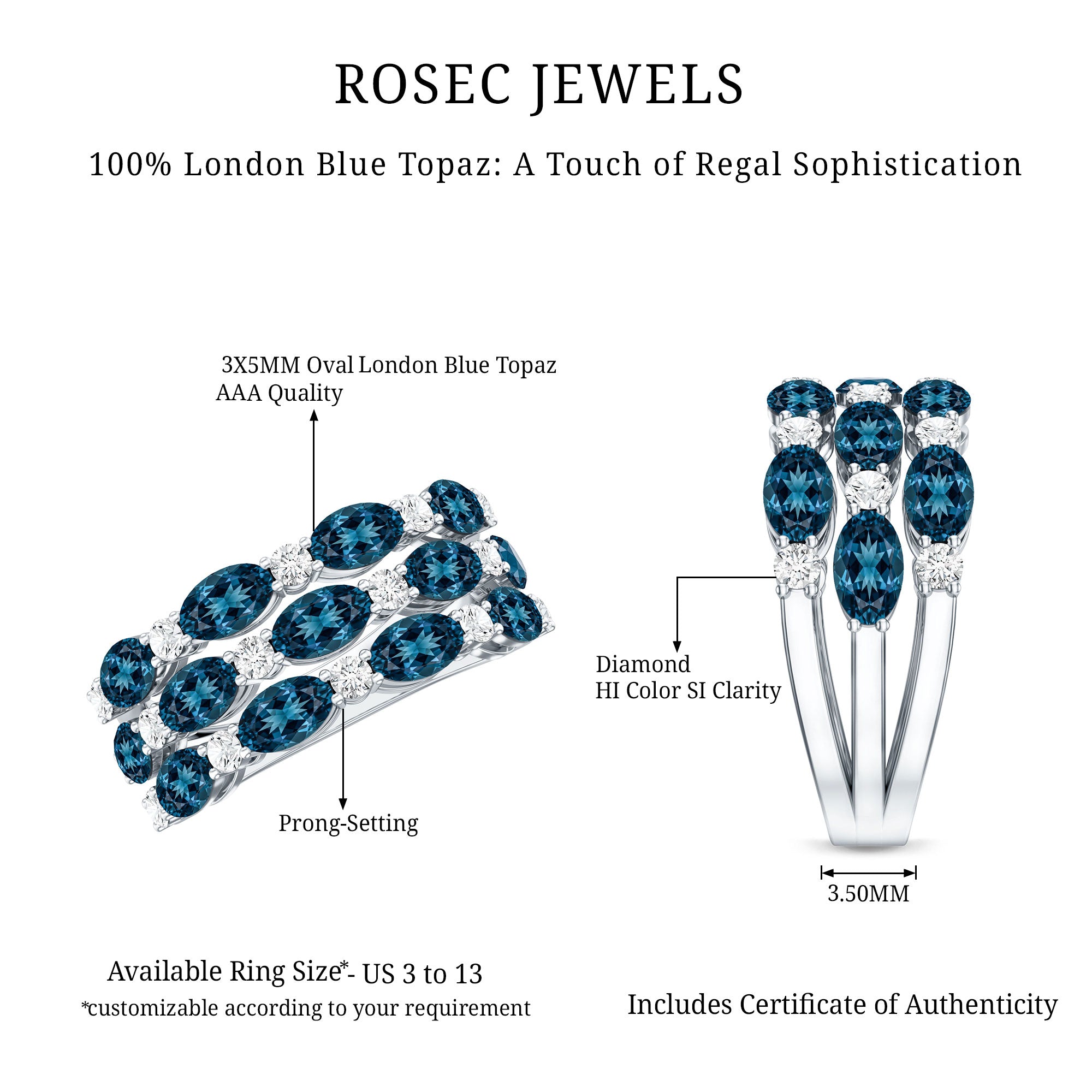 Natural London Blue Topaz and Diamond Statement Ring AAA - Rosec Jewels