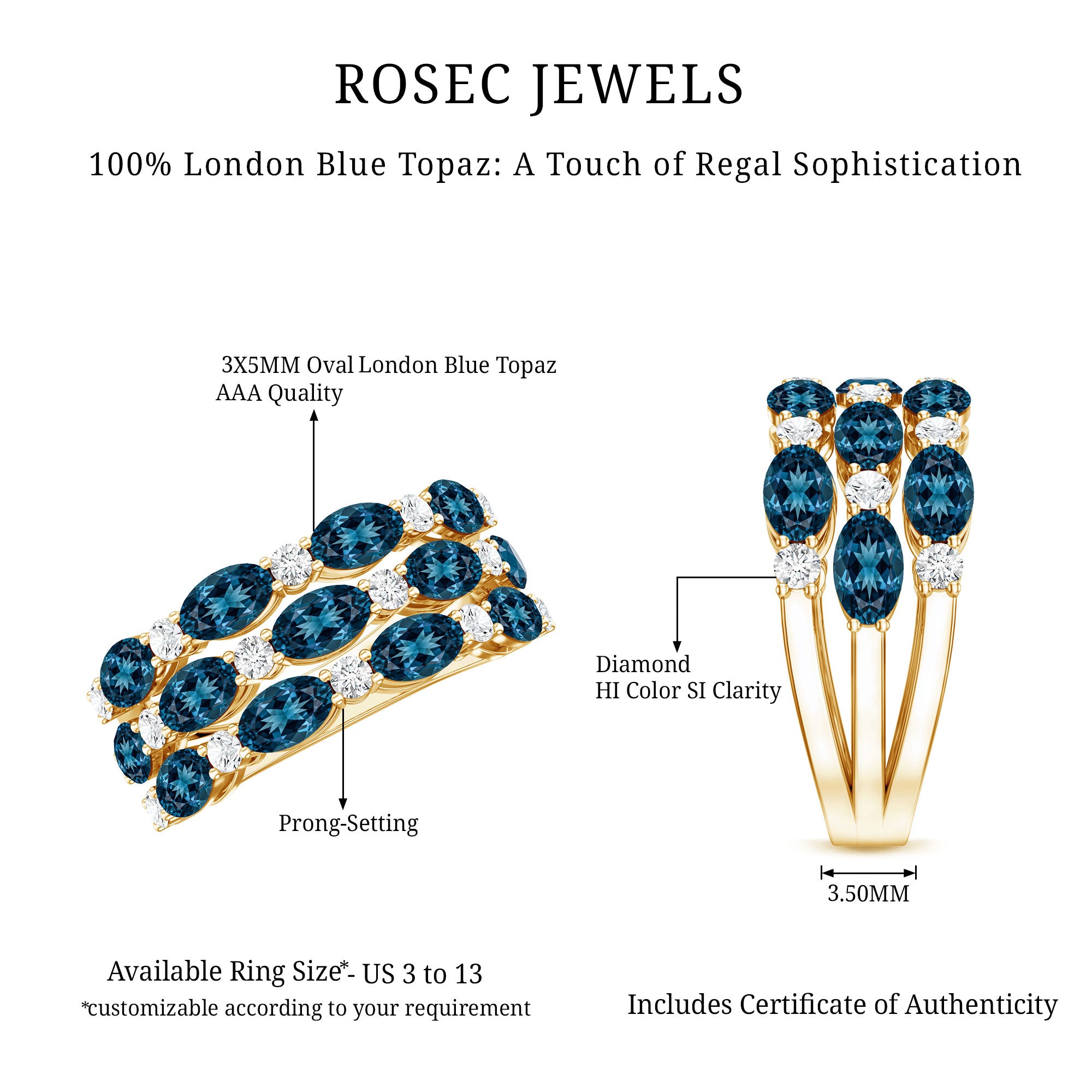 Natural London Blue Topaz and Diamond Statement Ring AAA - Rosec Jewels