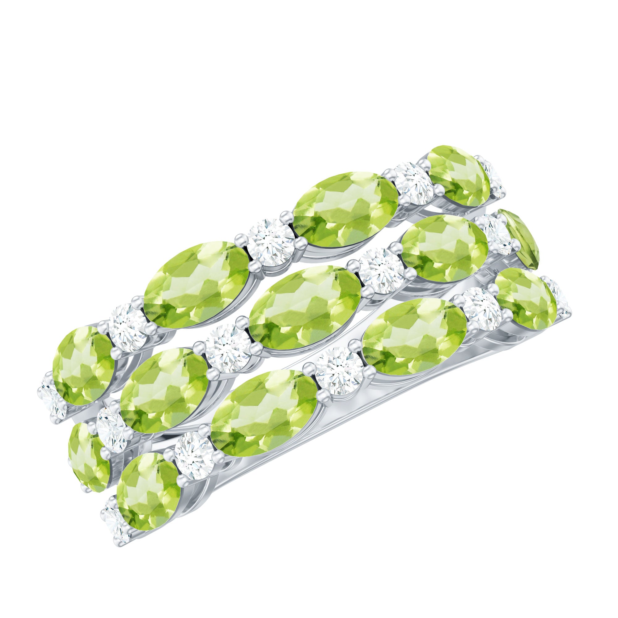 Certified Natural Peridot 3 Row Wedding Band with Moissanite