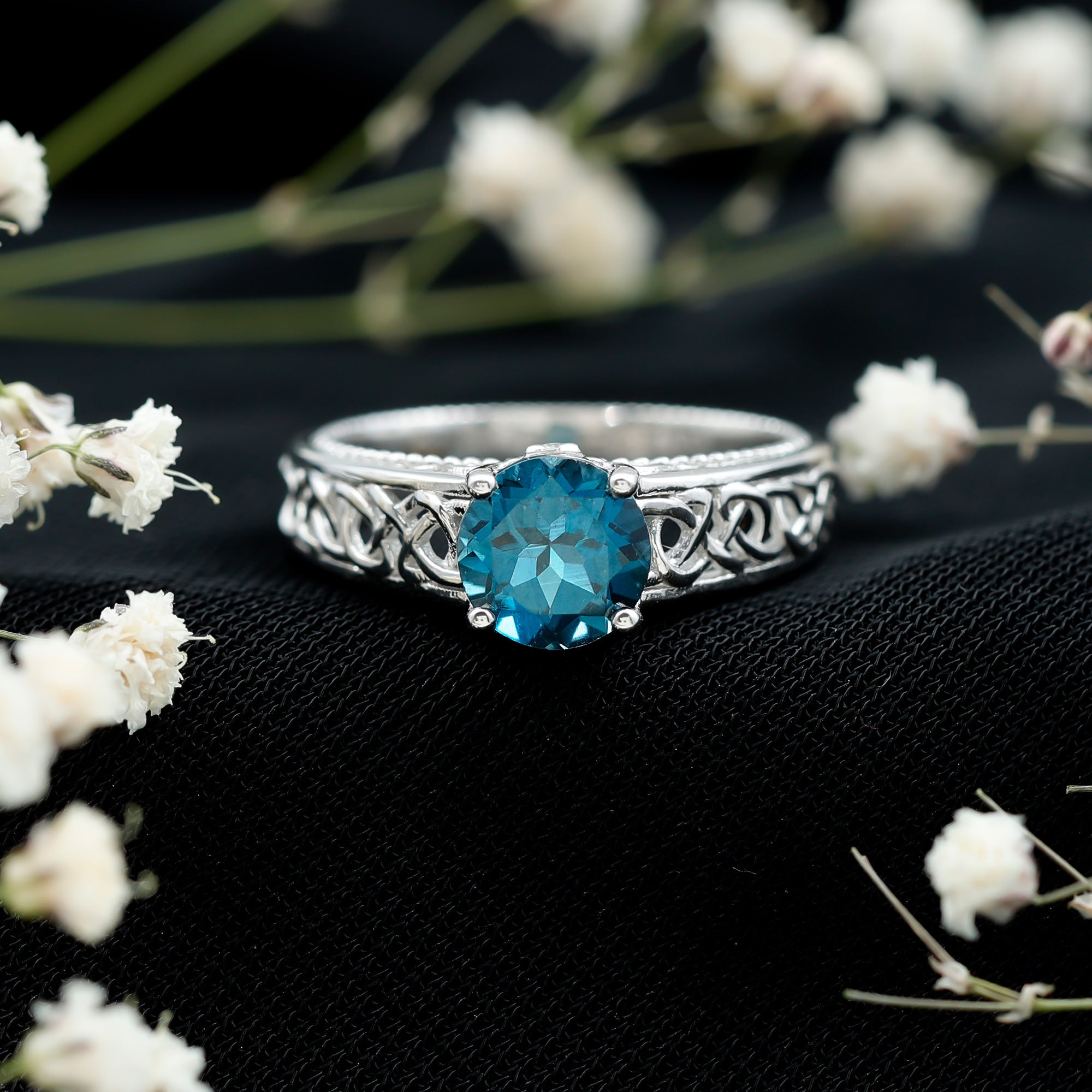 7mm Round London Blue Topaz Vintage Engagement Ring with Celtic Style Band AAA - Rosec Jewels