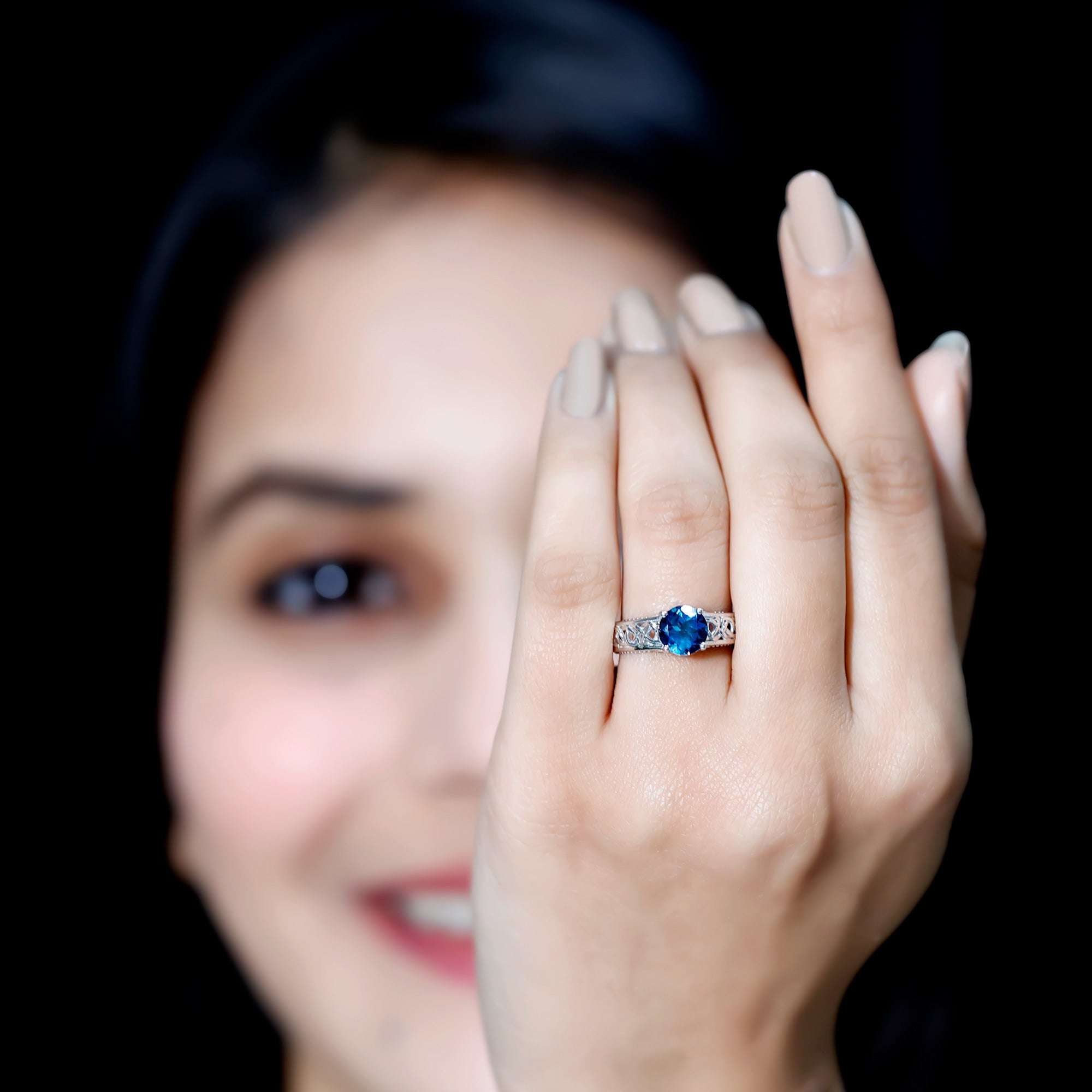1.35 Carat Round London Blue Topaz Vintage Engagement Ring with Celtic Style Band AAA - Rosec Jewels