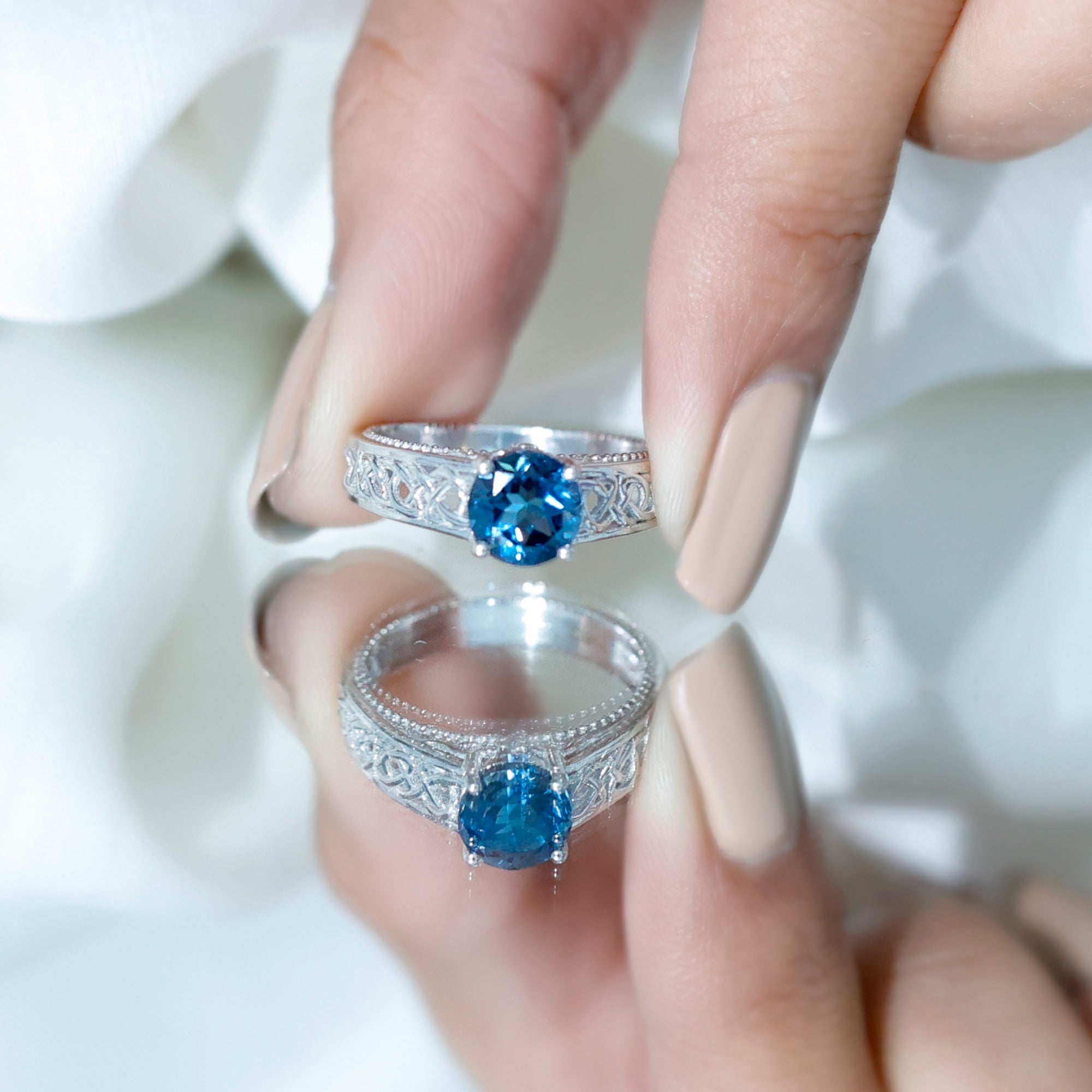 7mm Round London Blue Topaz Vintage Engagement Ring with Celtic Style Band AAA - Rosec Jewels