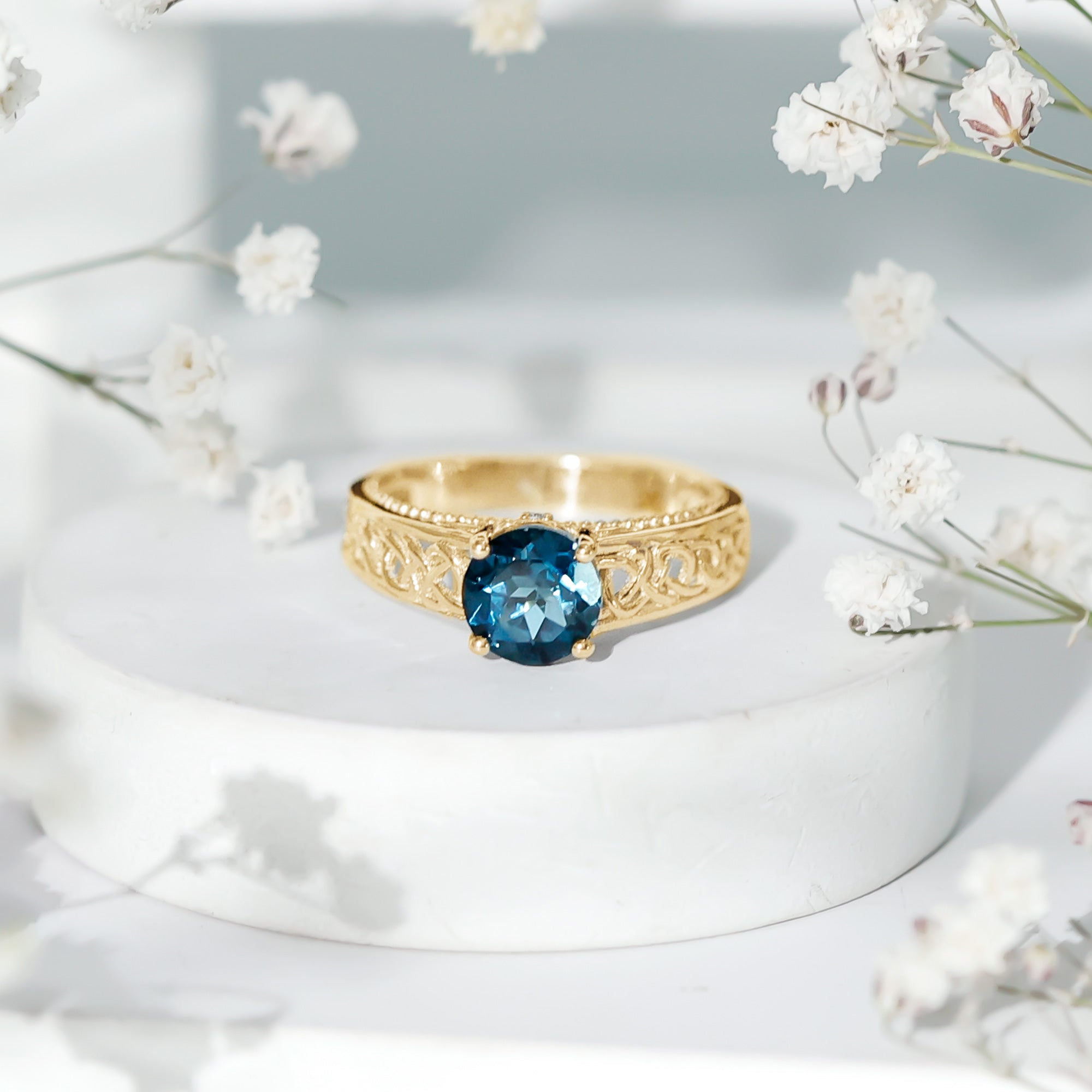 1.35 Carat Round London Blue Topaz Vintage Engagement Ring with Celtic Style Band AAA - Rosec Jewels