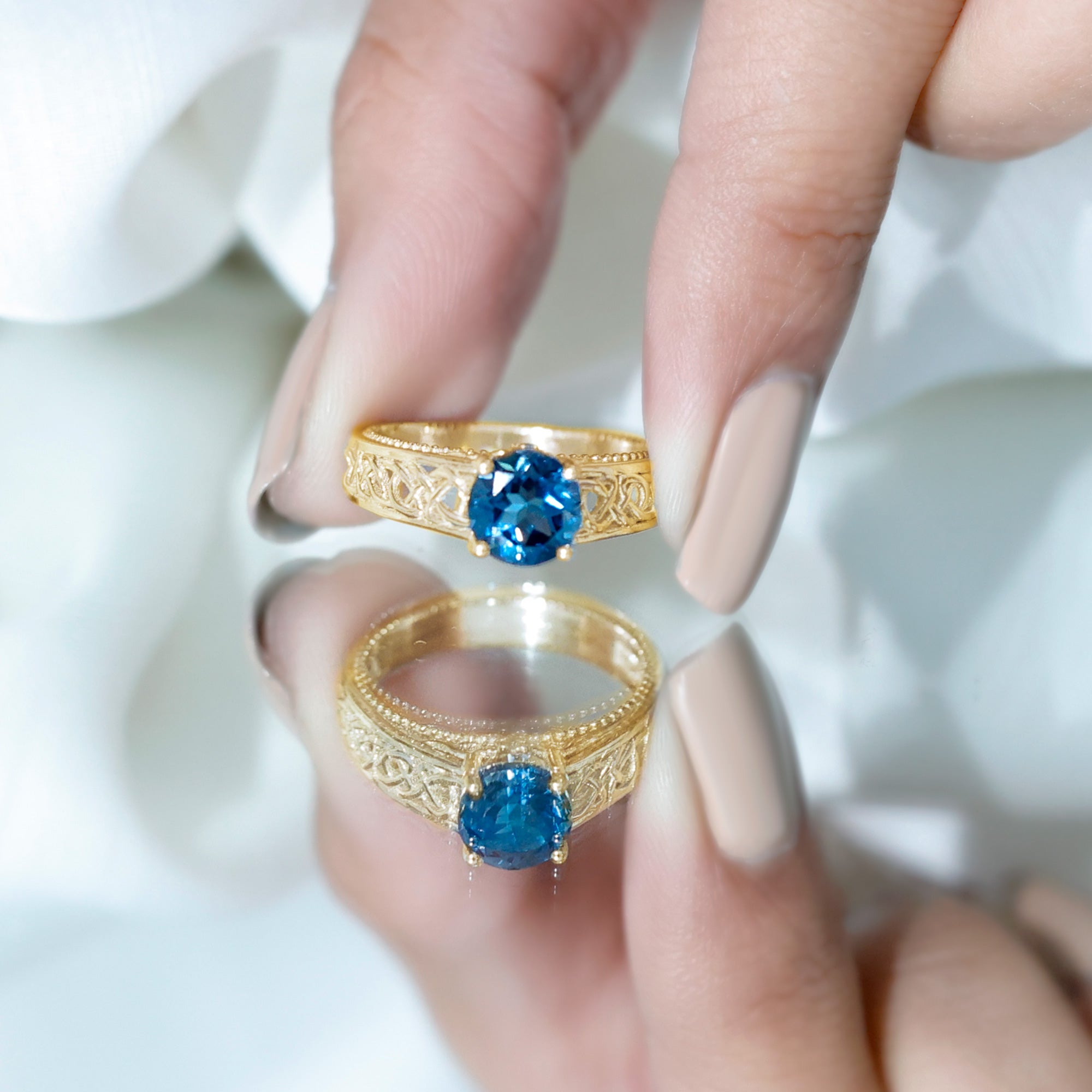 1.35 Carat Round London Blue Topaz Vintage Engagement Ring with Celtic Style Band AAA - Rosec Jewels