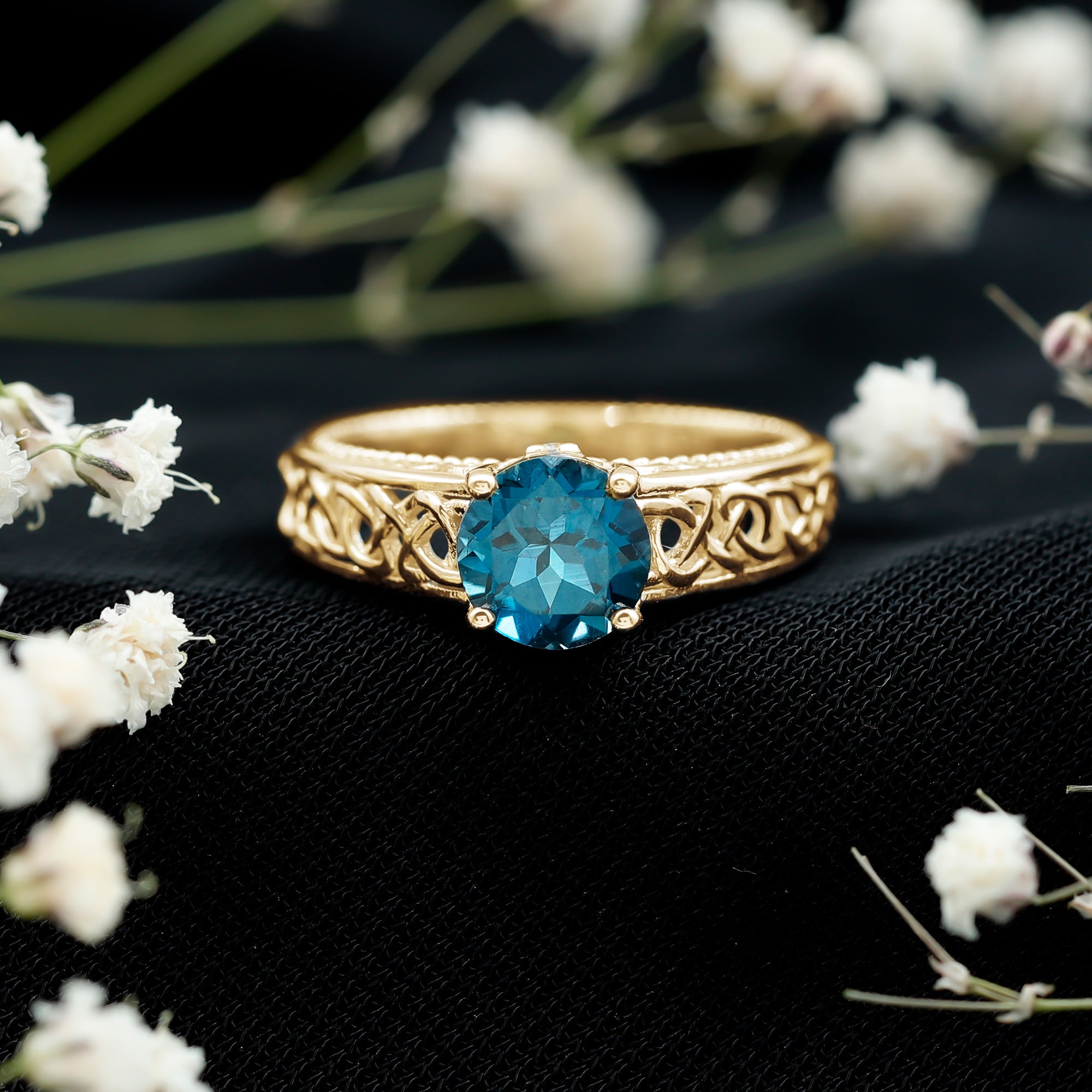 7mm Round London Blue Topaz Vintage Engagement Ring with Celtic Style Band AAA - Rosec Jewels
