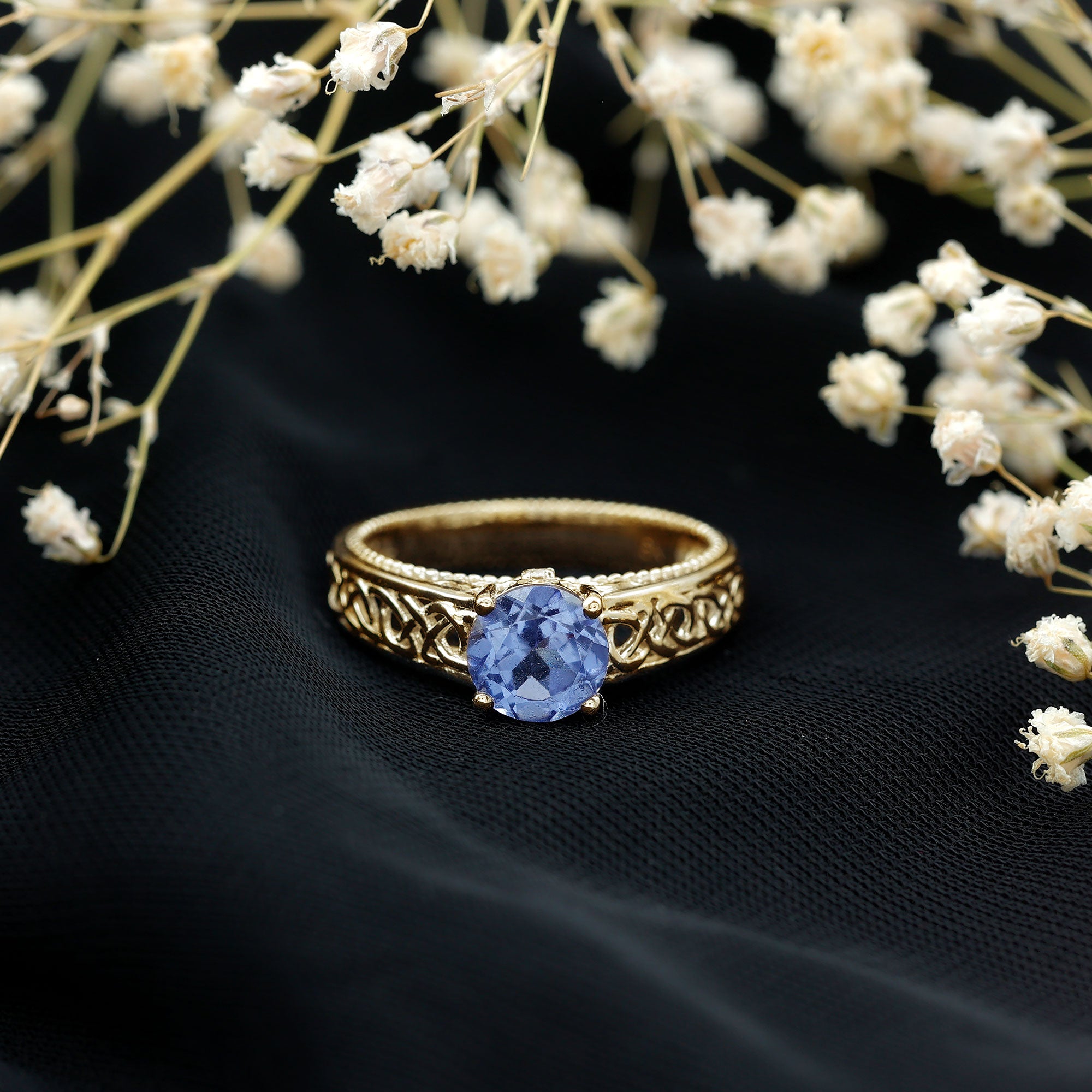 1.5 Carat Lab Created Tanzanite Engagement Ring with Celtic Design AAAA - Rosec Jewels