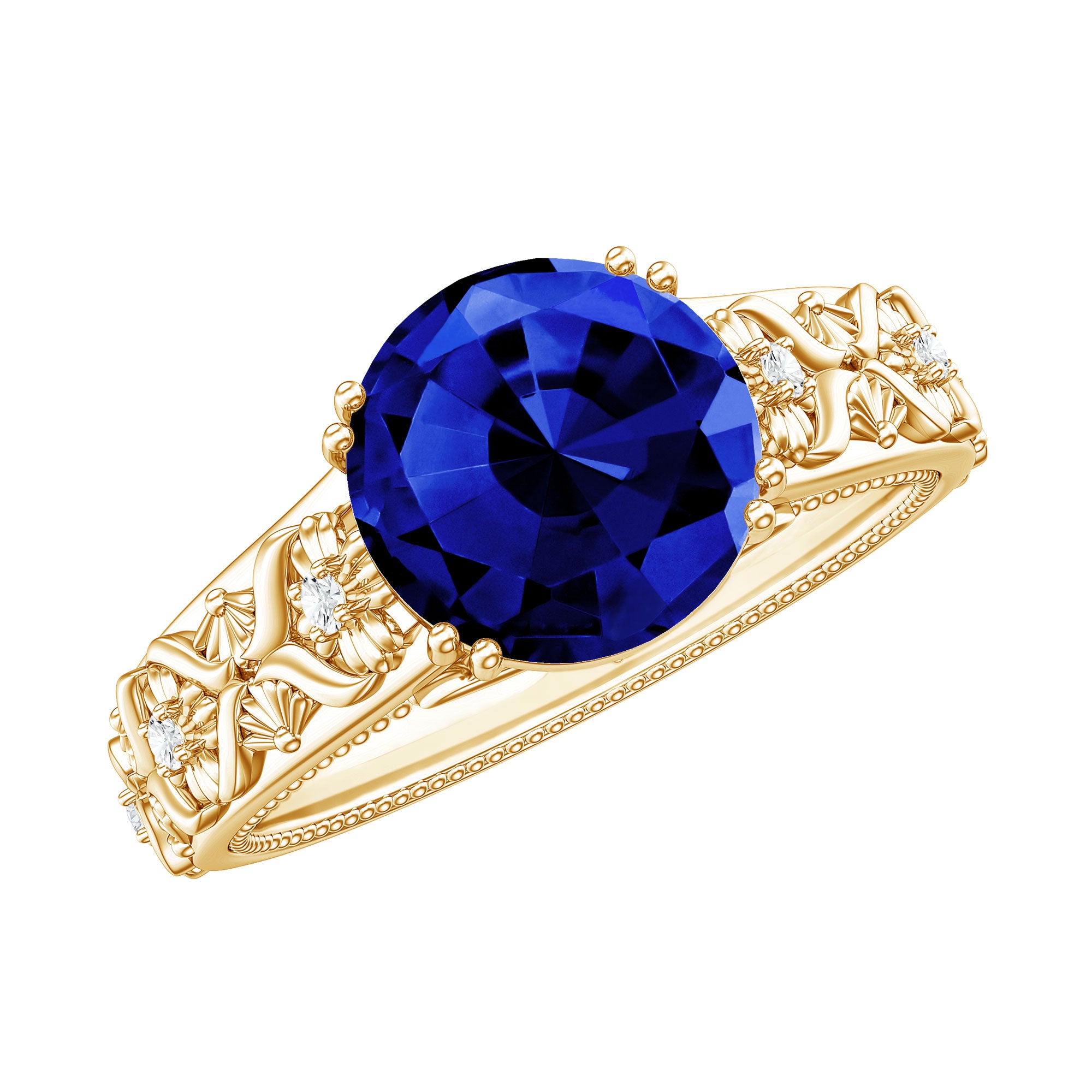 Nature Inspired 2.7 Carat Lab Grown Blue Sapphire Engagement Ring with Diamond AAAA - Rosec Jewels