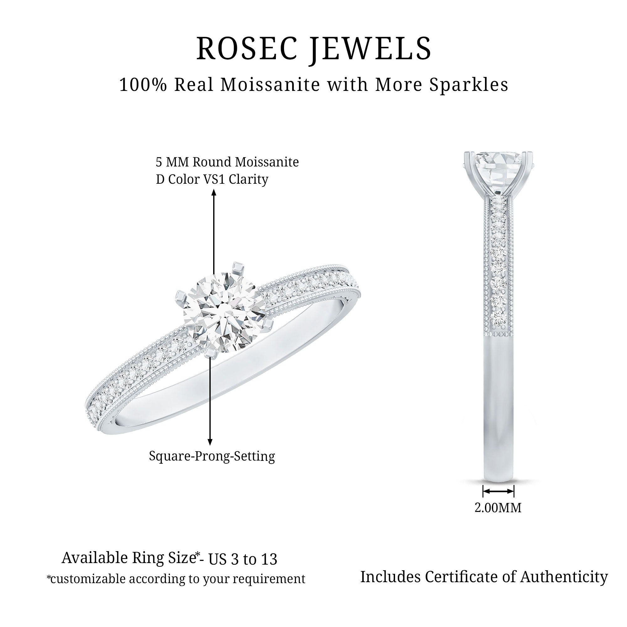 5 MM Moissanite Solitaire Engagement Ring with Milgrain D-VS1 - Rosec Jewels