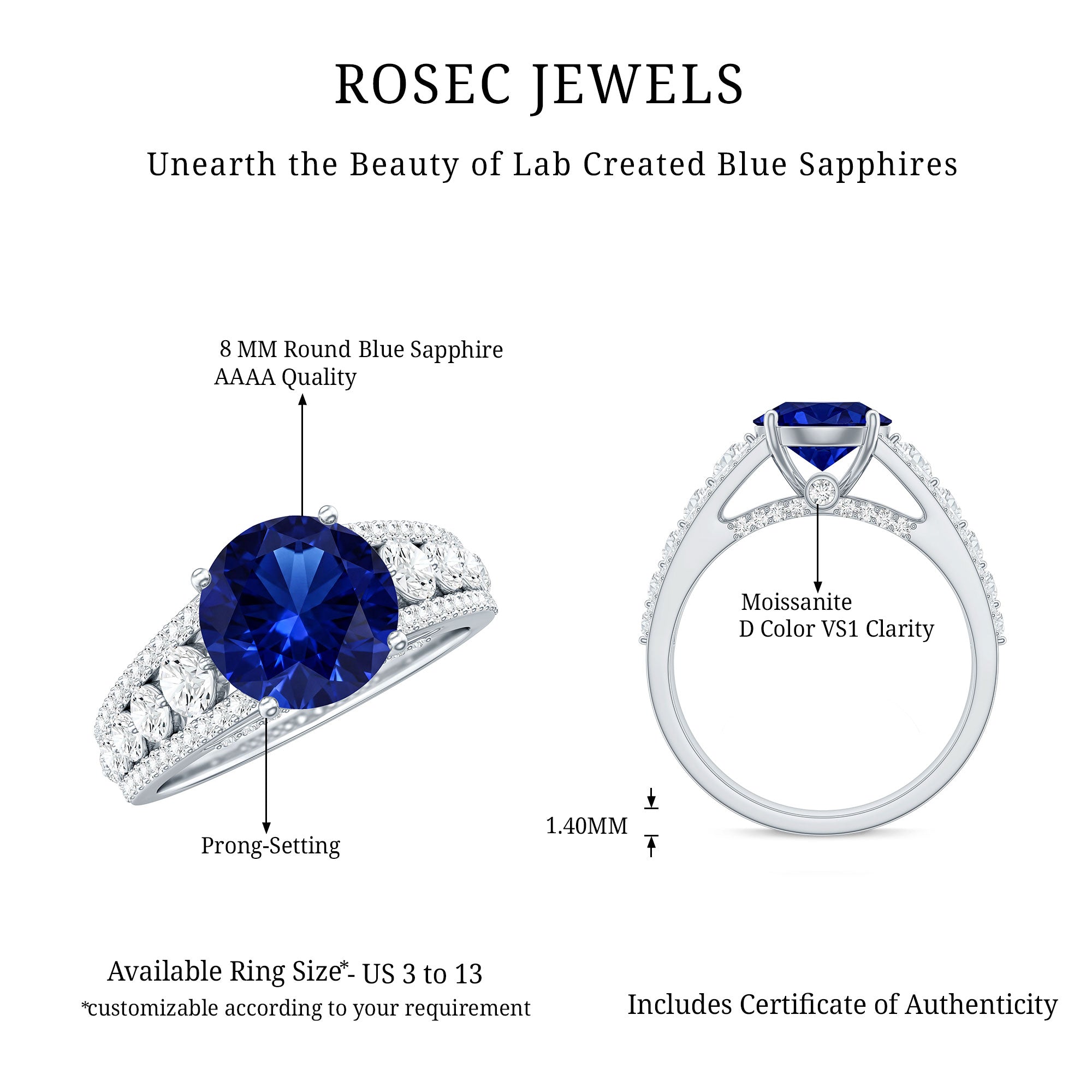 Solitaire Created Blue Sapphire Statement Engagement Ring with Moissanite AAAA - Rosec Jewels