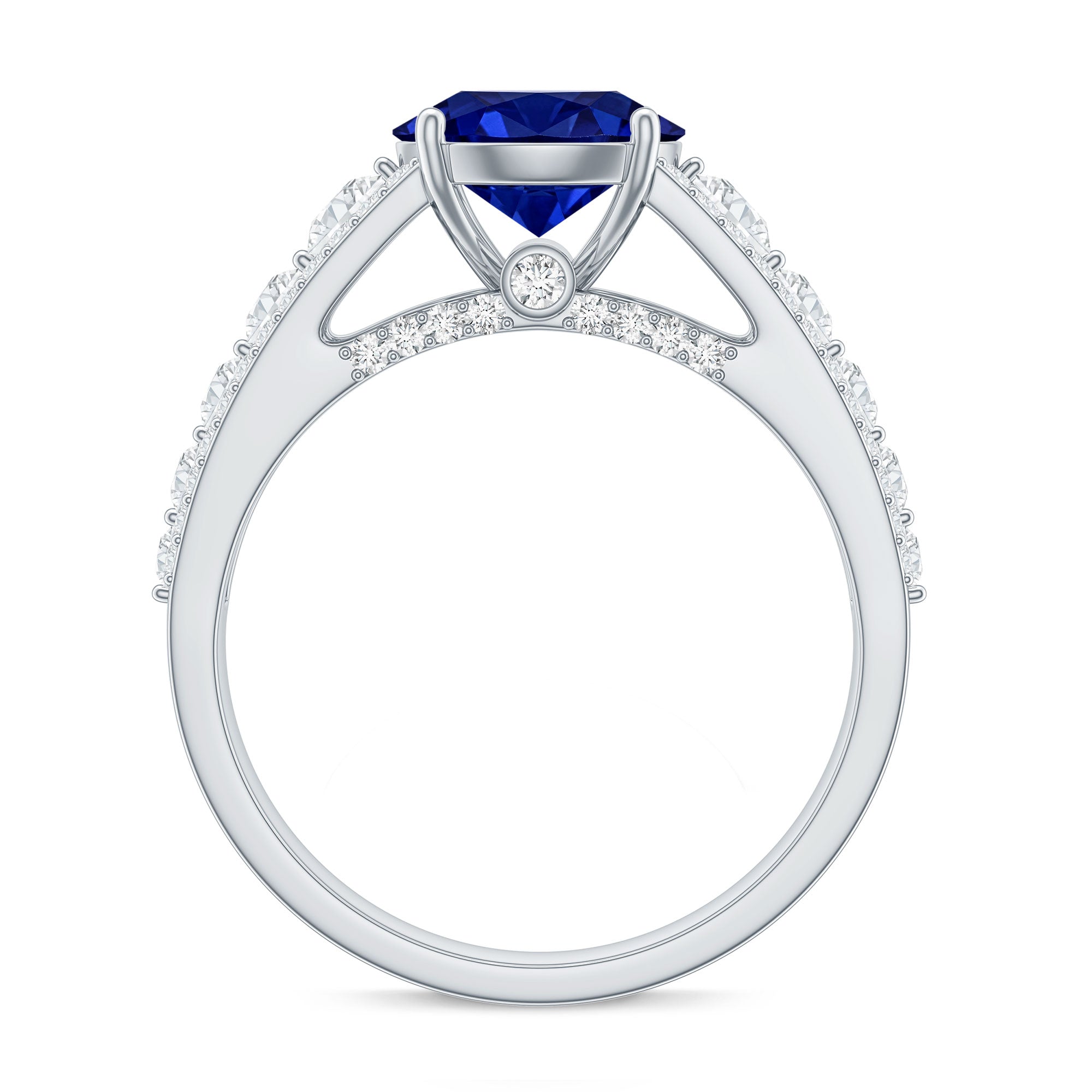 Solitaire Created Blue Sapphire Statement Engagement Ring with Moissanite AAAA - Rosec Jewels