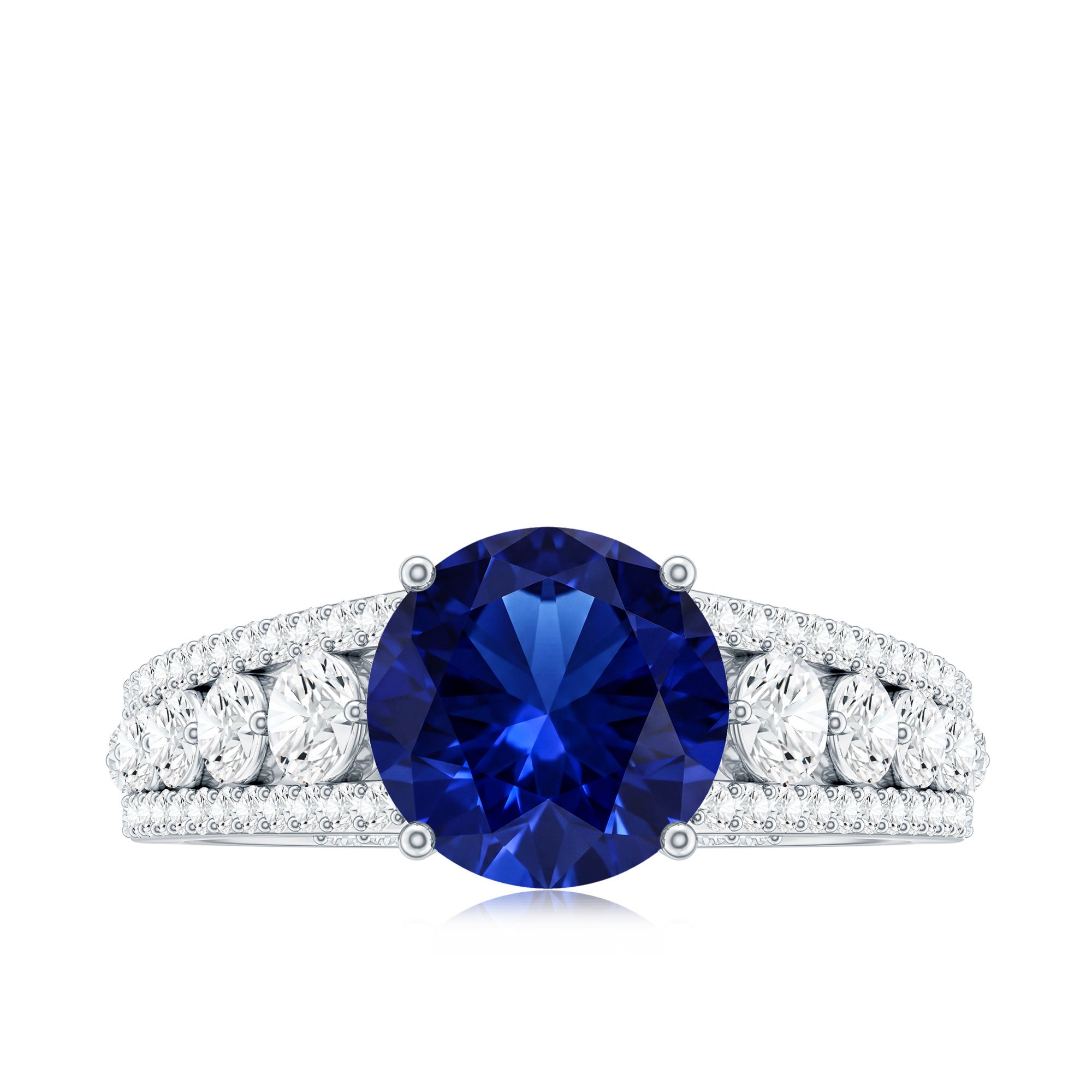 Solitaire Created Blue Sapphire Statement Engagement Ring with Moissanite AAAA - Rosec Jewels