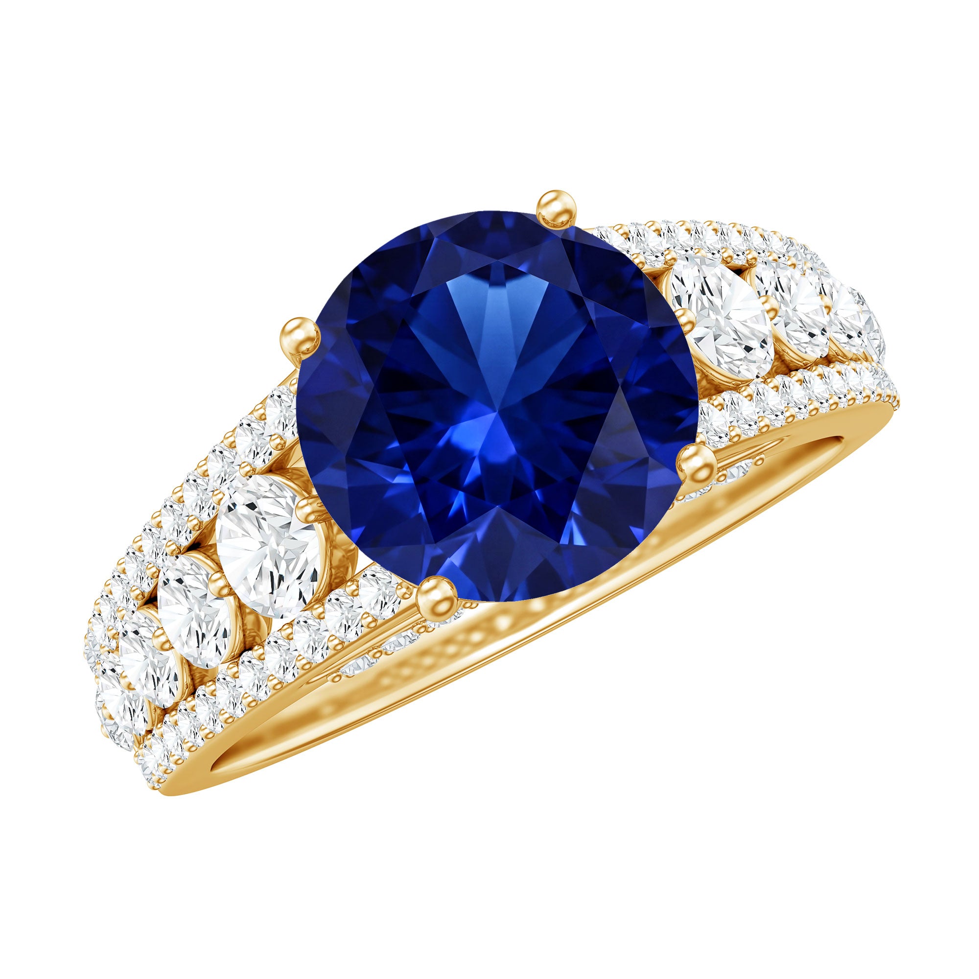 Solitaire Created Blue Sapphire Statement Engagement Ring with Moissanite AAAA - Rosec Jewels