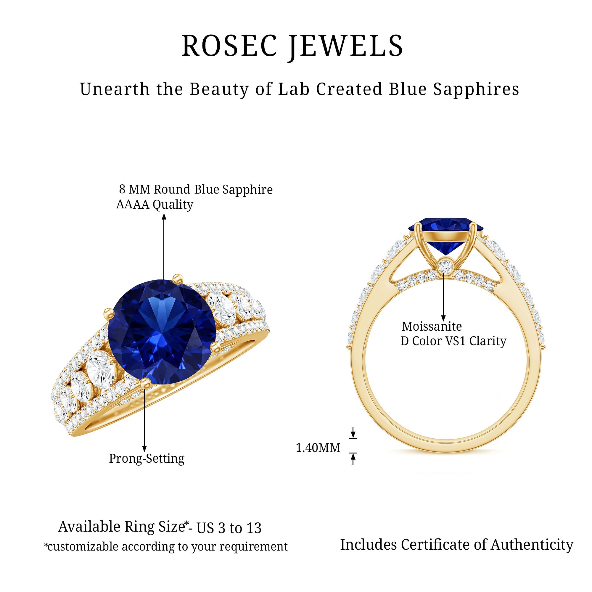 Solitaire Created Blue Sapphire Statement Engagement Ring with Moissanite AAAA - Rosec Jewels