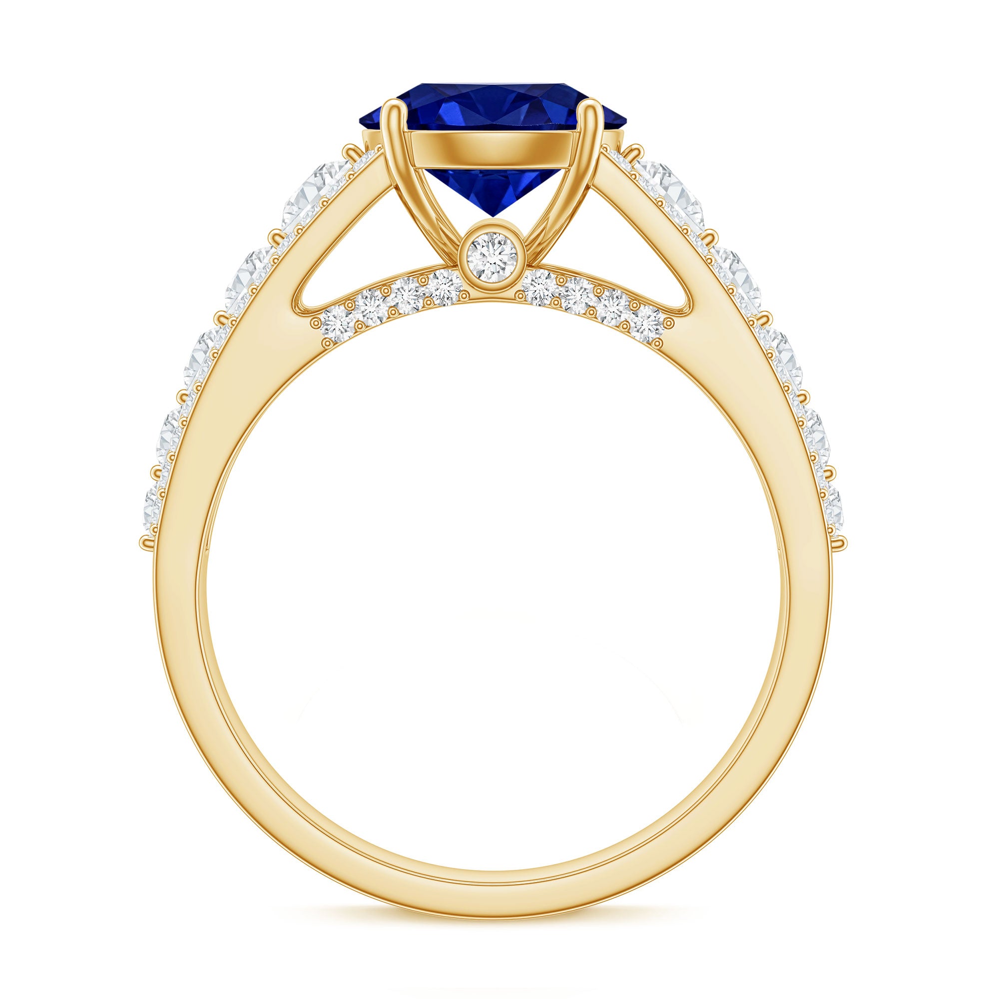 Solitaire Created Blue Sapphire Statement Engagement Ring with Moissanite AAAA - Rosec Jewels