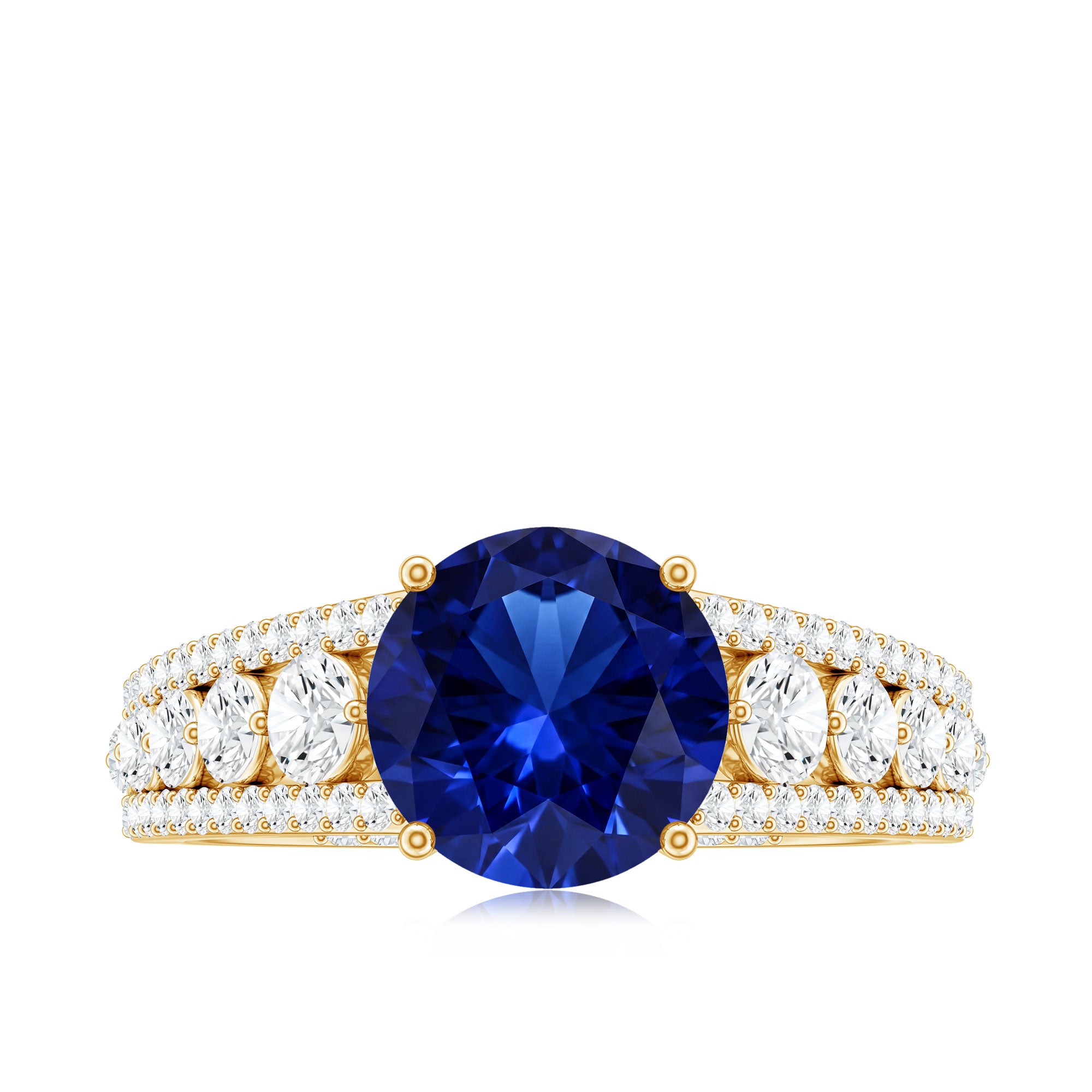 Solitaire Created Blue Sapphire Statement Engagement Ring with Moissanite AAAA - Rosec Jewels