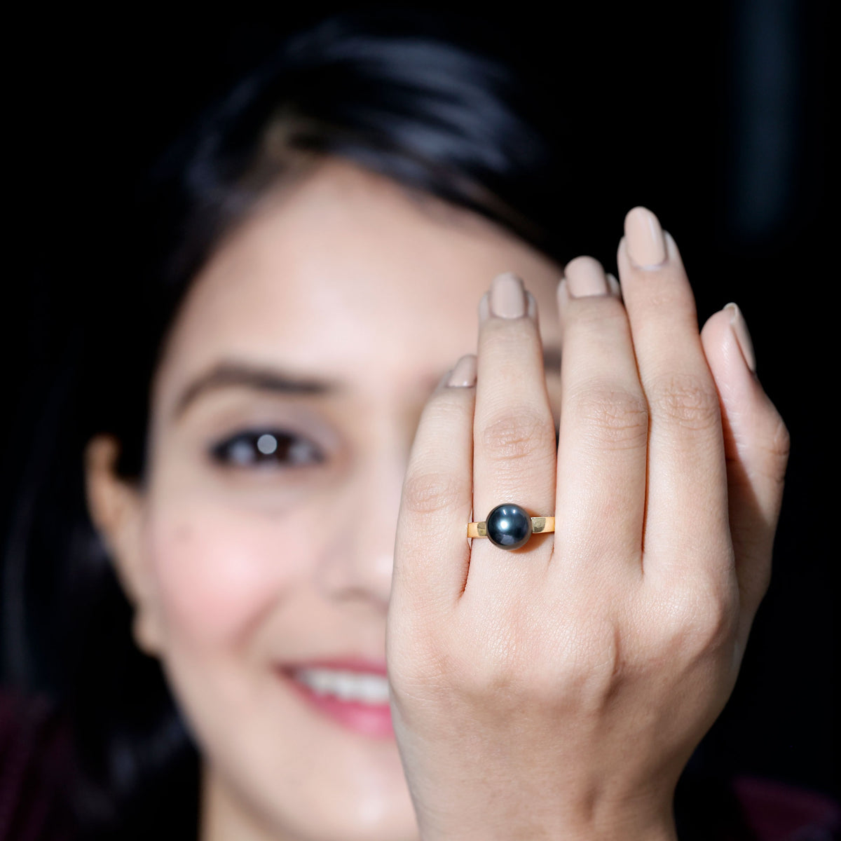 Handpicked Natural Black Pearl Solitaire Engagement Ring With Certificate AAA - Rosec Jewels