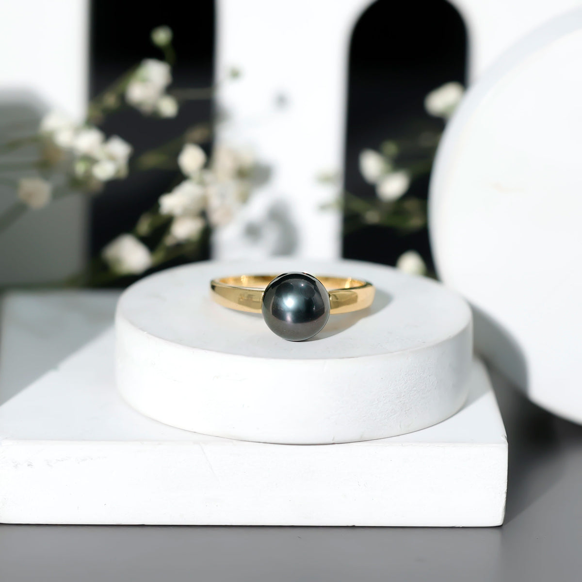 Handpicked Natural Black Pearl Solitaire Engagement Ring With Certificate AAA - Rosec Jewels