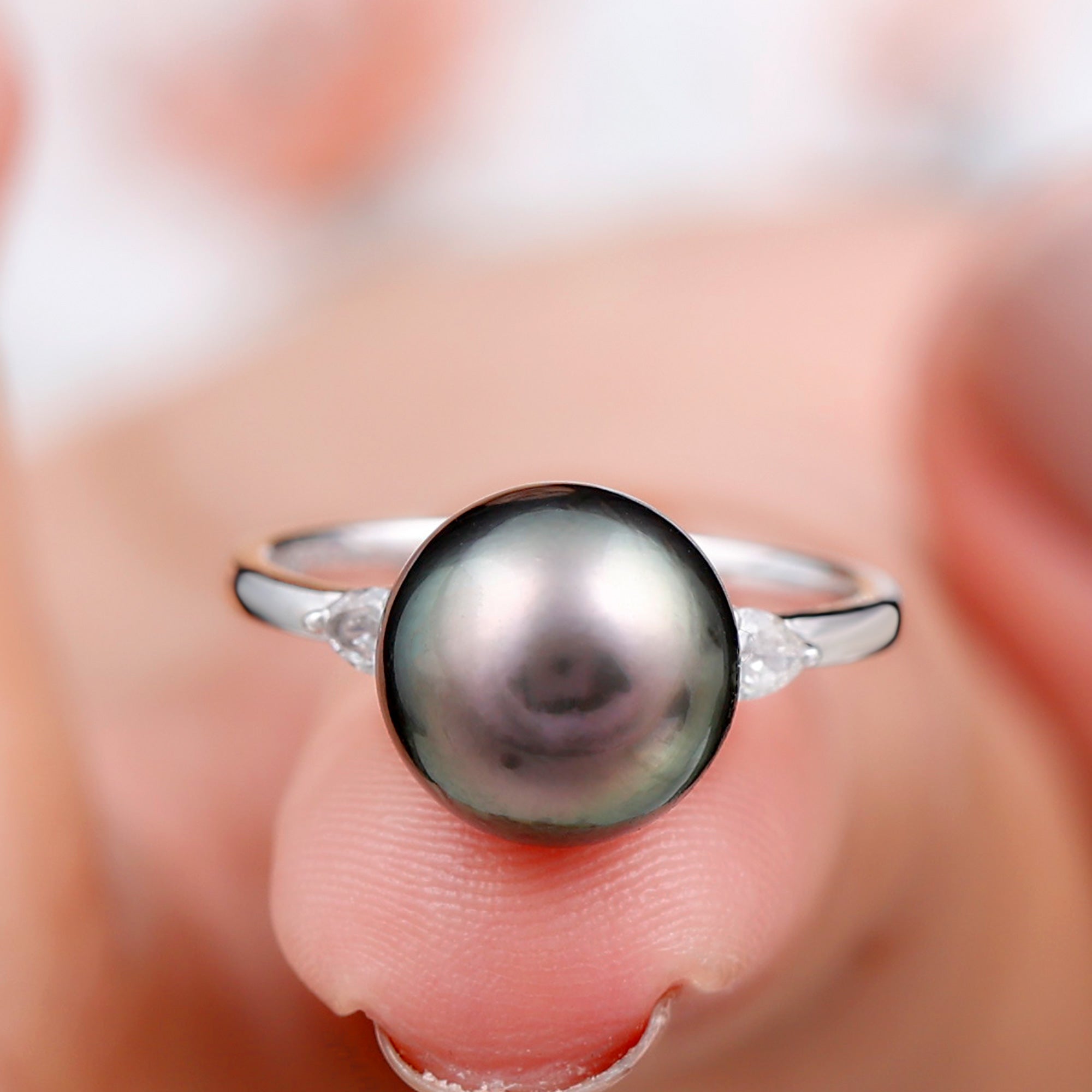 Rosec Jewels-Round Tahitian Pearl Solitaire Engagement Ring with Moissanite