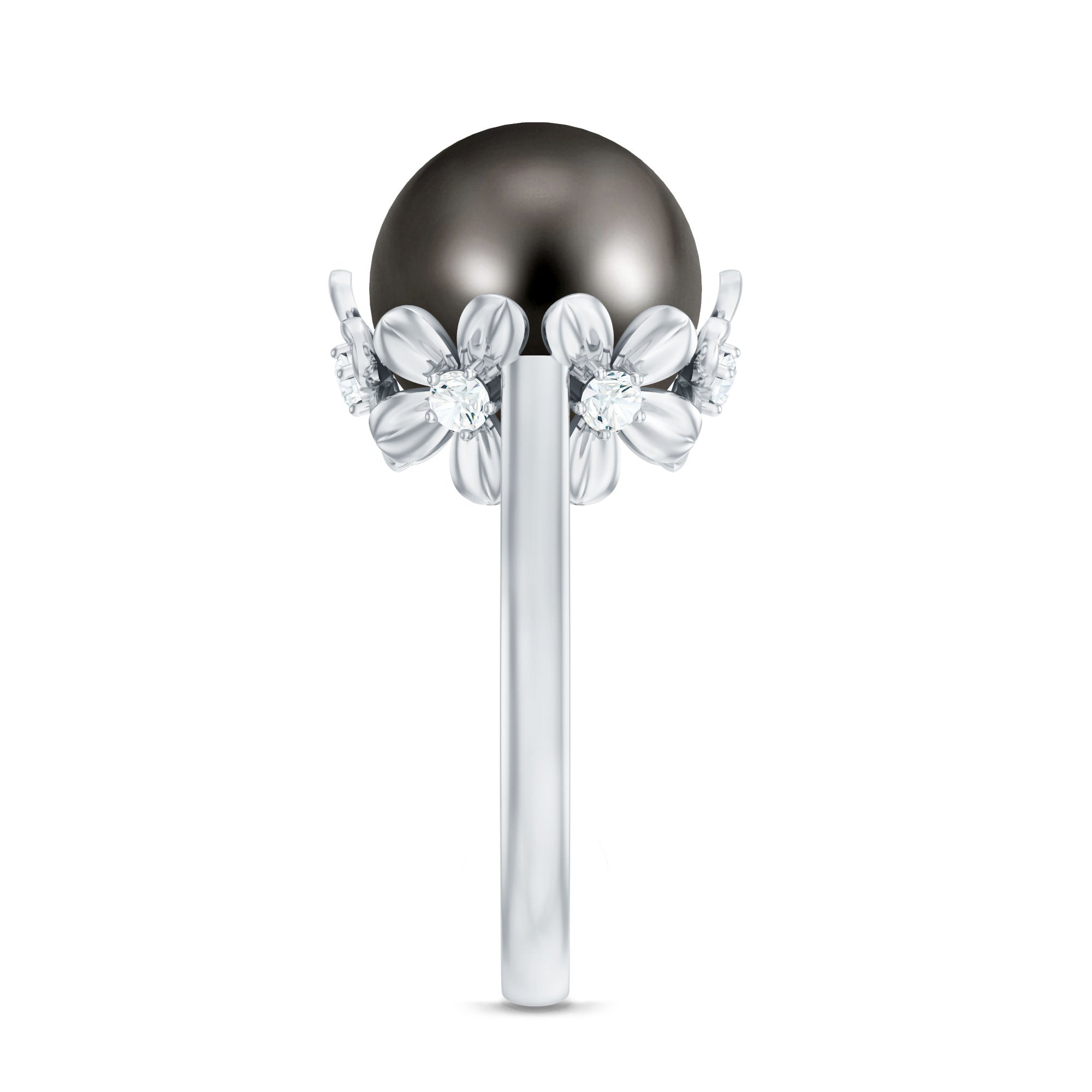 Rosec Jewels-10MM Solitaire Tahitian Black Pearl Engagement Ring with Floral Setting