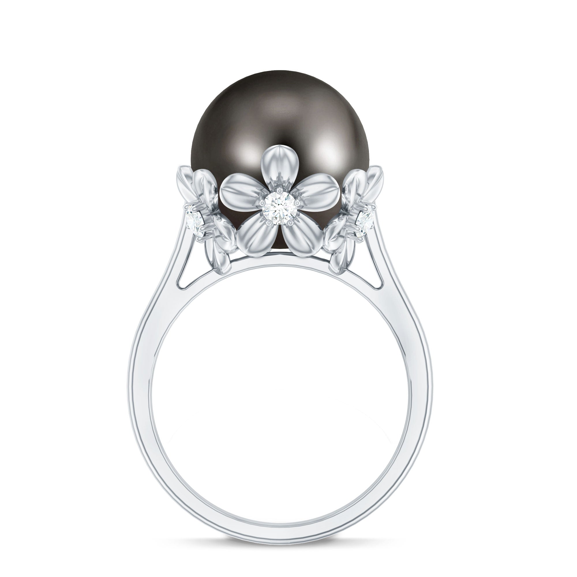 Rosec Jewels-10MM Solitaire Tahitian Black Pearl Engagement Ring with Floral Setting