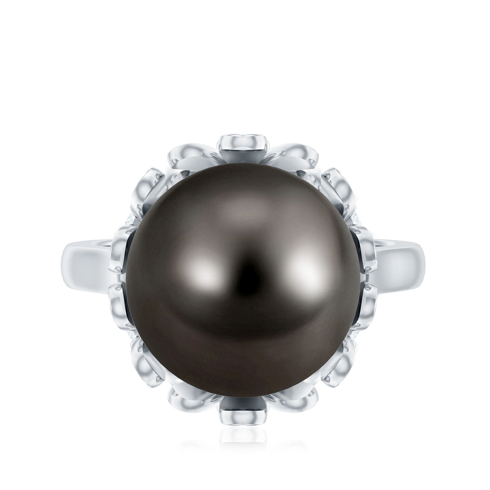 Rosec Jewels-10MM Solitaire Tahitian Black Pearl Engagement Ring with Floral Setting