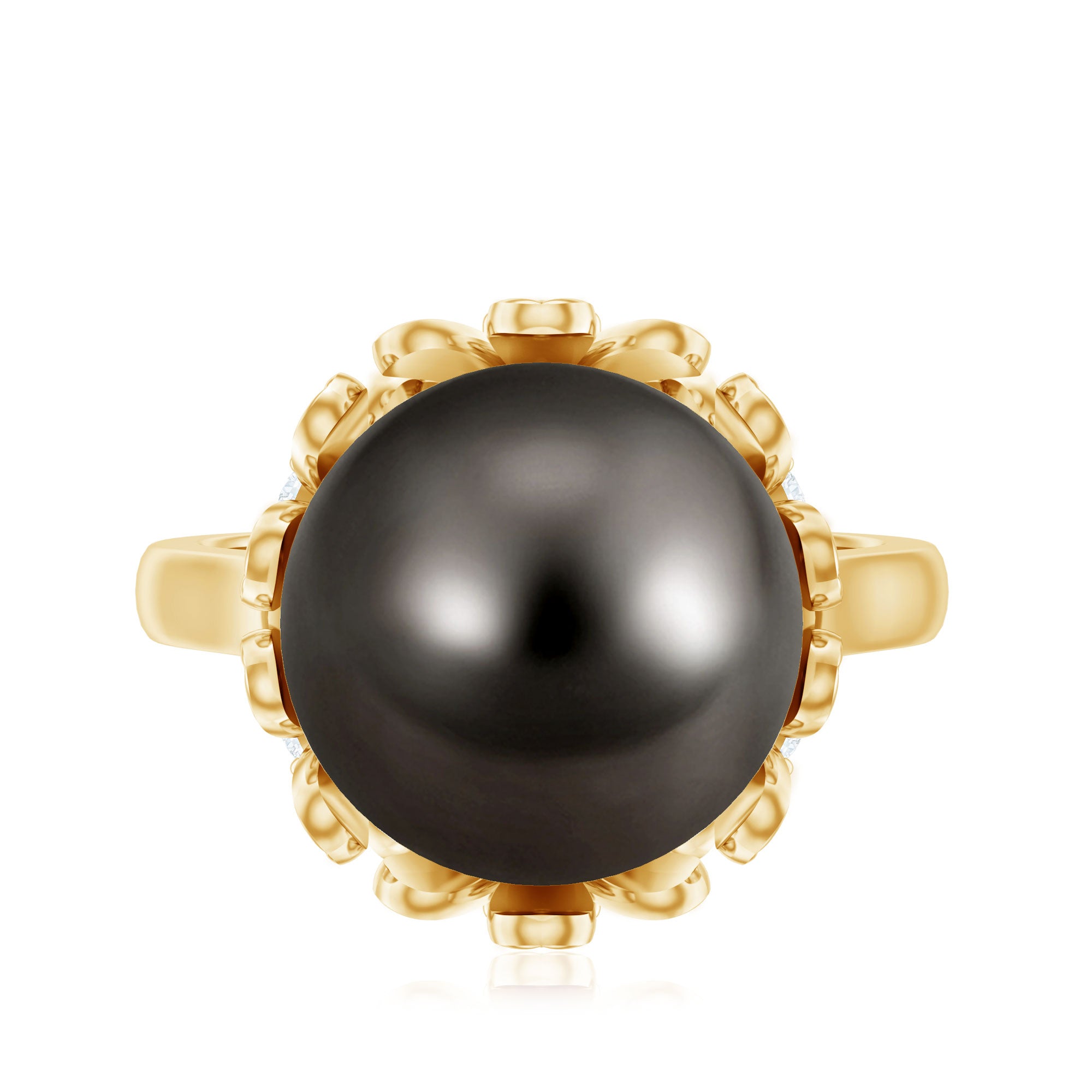 Rosec Jewels-10MM Solitaire Tahitian Black Pearl Engagement Ring with Floral Setting