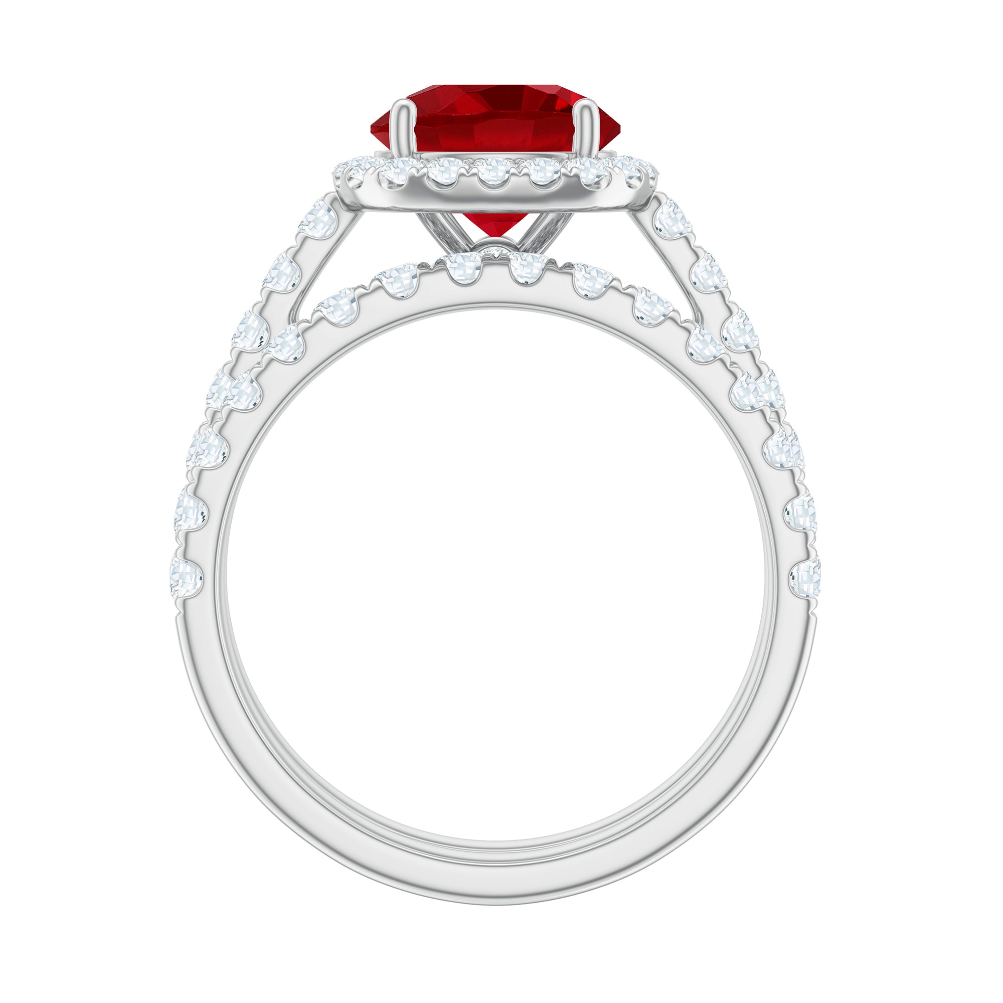 Lab Created Ruby Halo Engagement Ring with Moissanite Enhancer Ring AAAA - Rosec Jewels