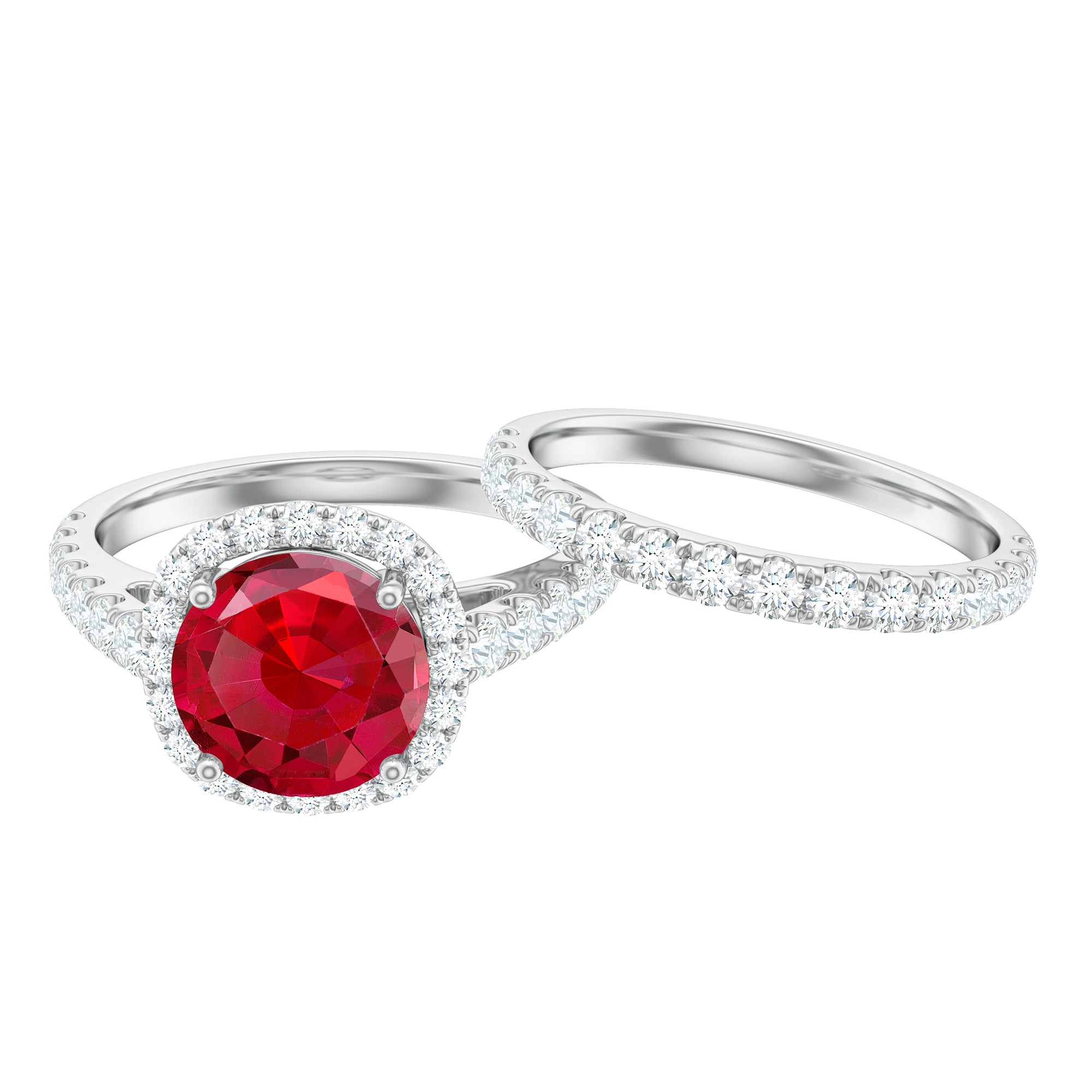 Lab Created Ruby Halo Engagement Ring with Moissanite Enhancer Ring AAAA - Rosec Jewels