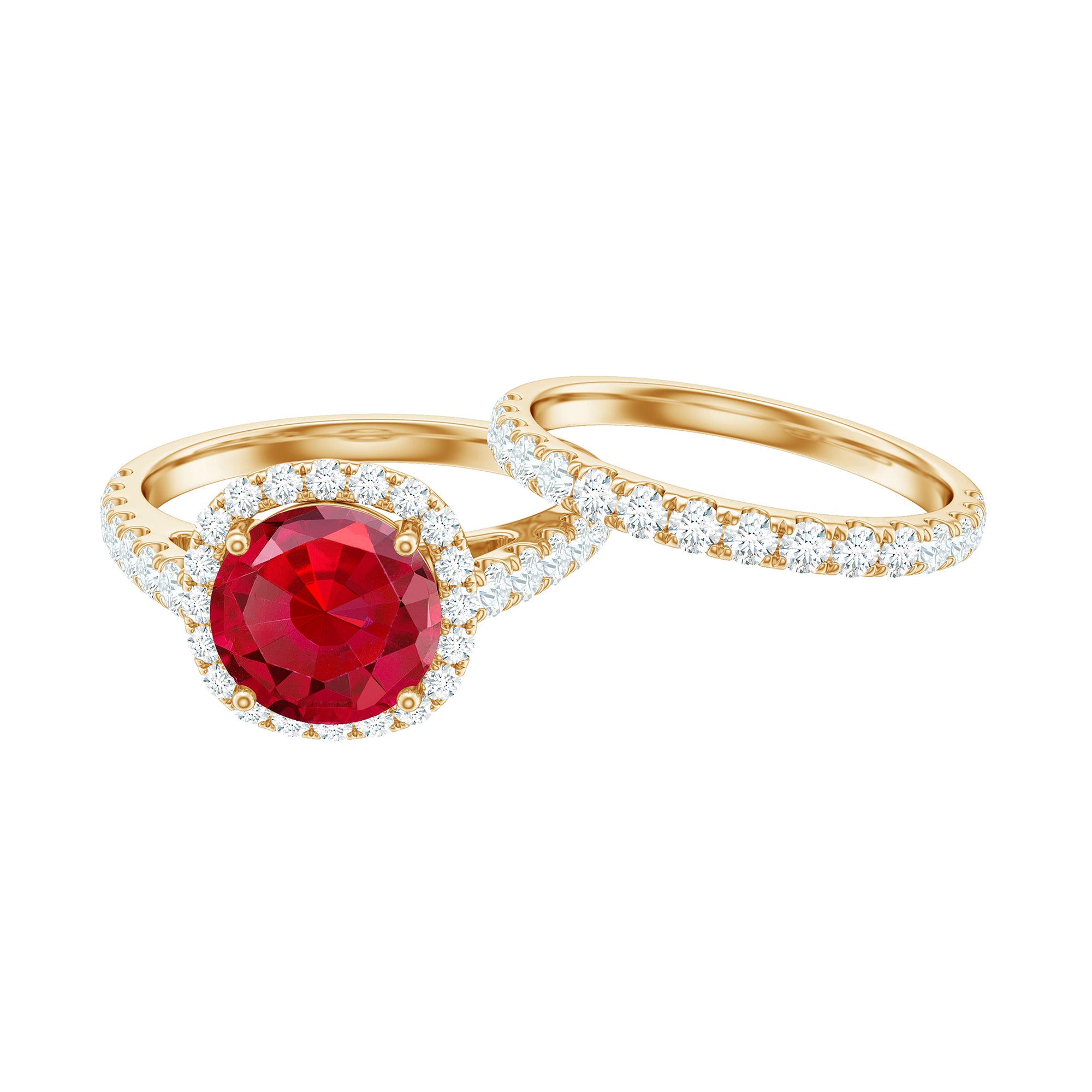 Lab Created Ruby Halo Engagement Ring with Moissanite Enhancer Ring AAAA - Rosec Jewels