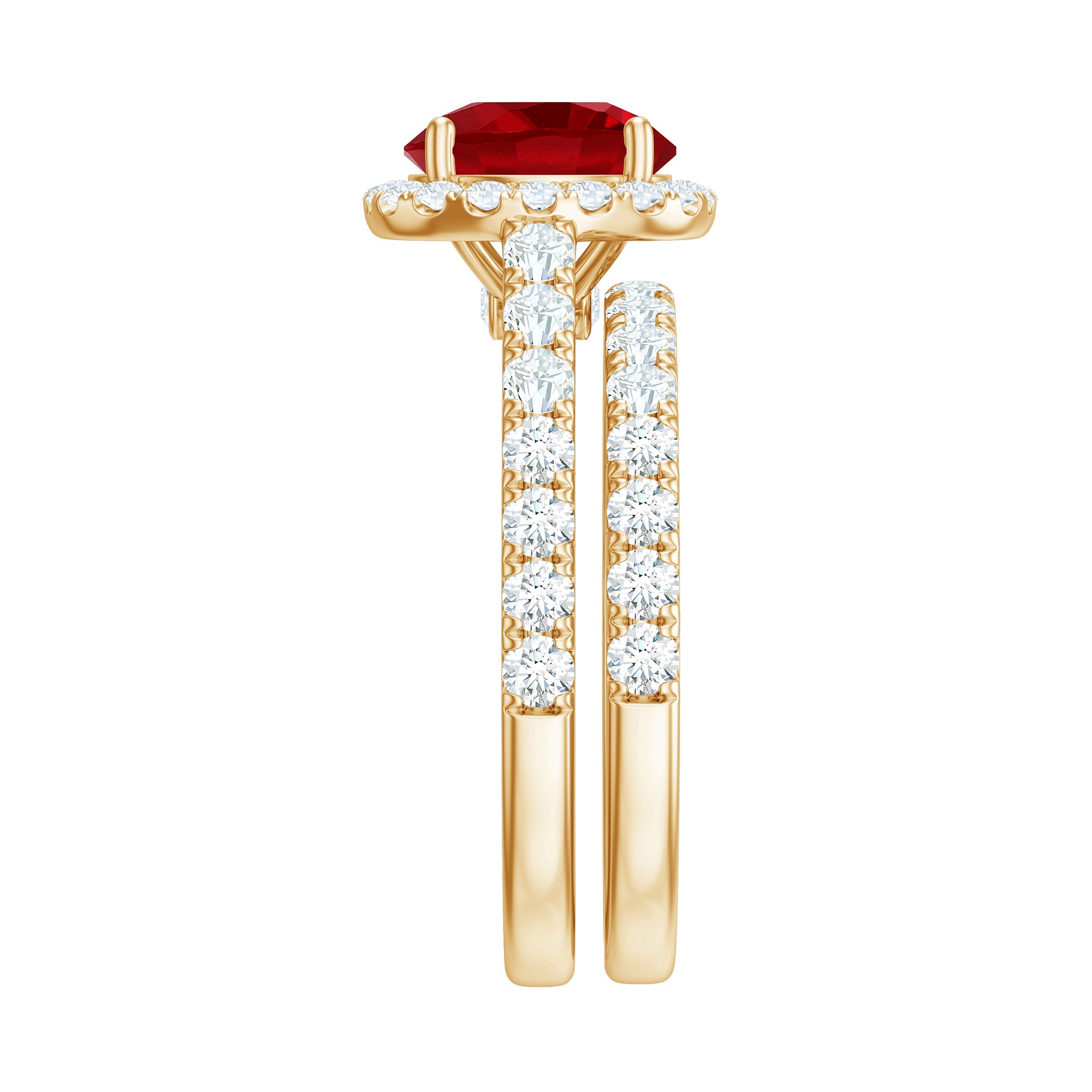 Lab Created Ruby Halo Engagement Ring with Moissanite Enhancer Ring AAAA - Rosec Jewels