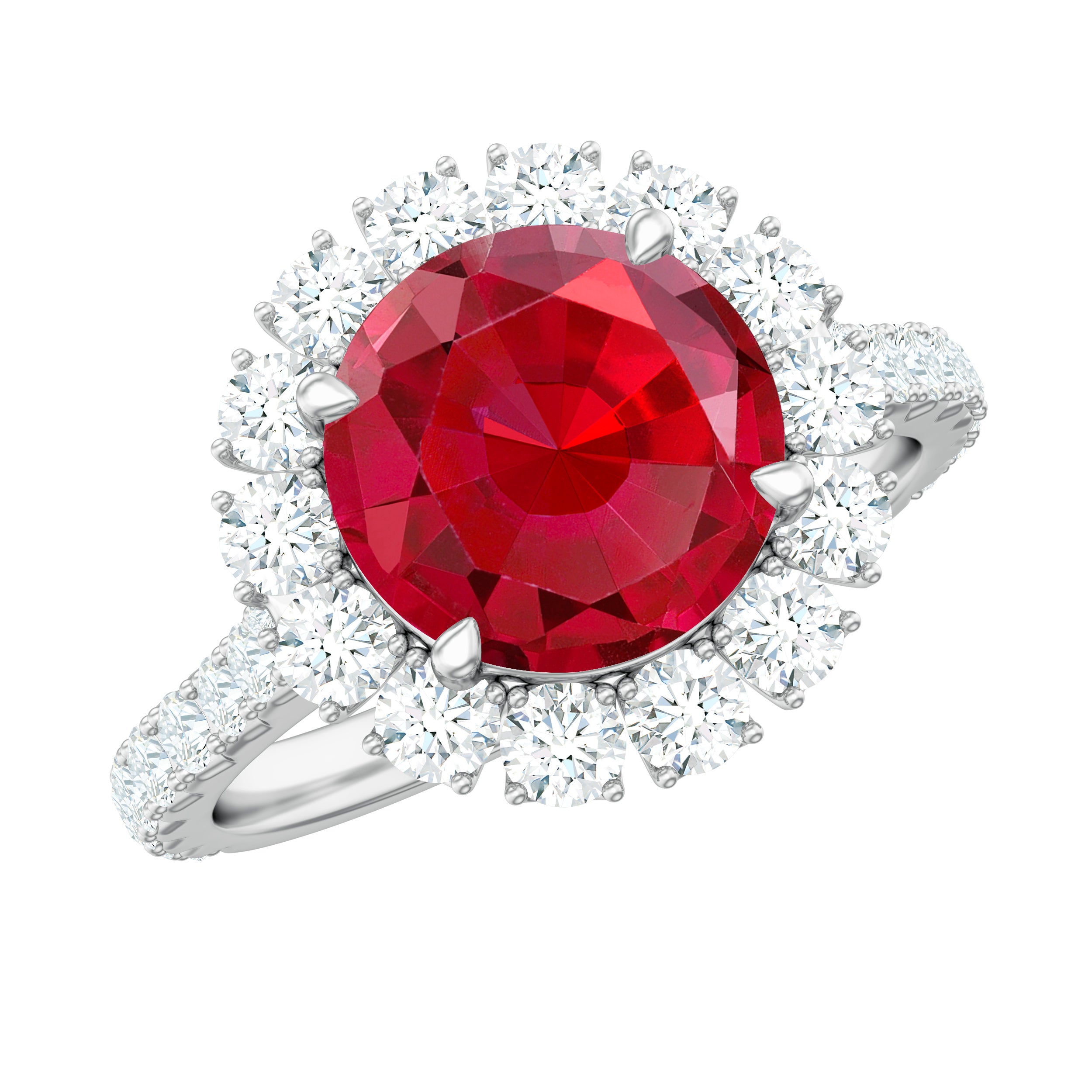 Round Lab Created Ruby and Moissanite Halo Engagement Ring
