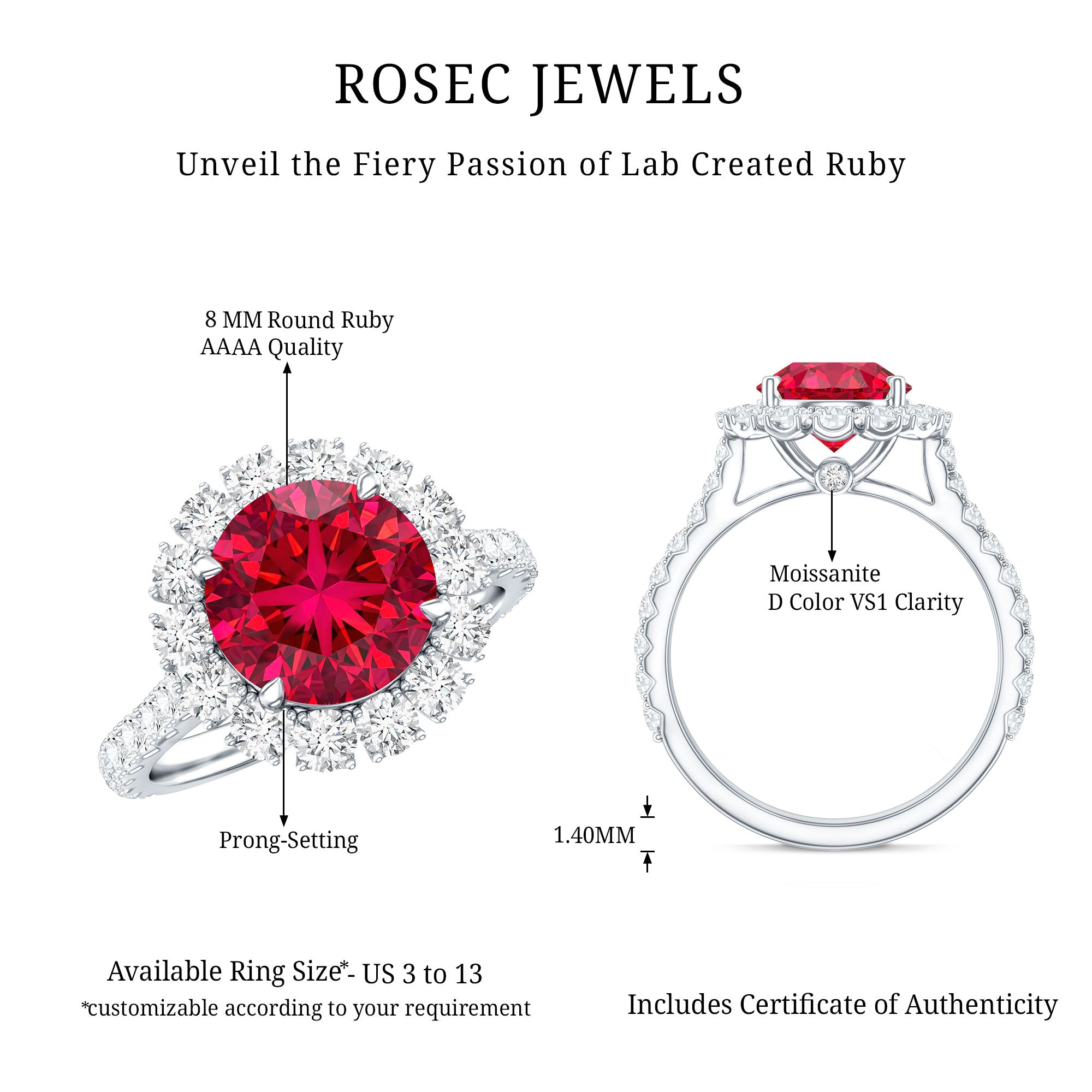 Round Lab Created Ruby and Moissanite Halo Engagement Ring AAAA - Rosec Jewels