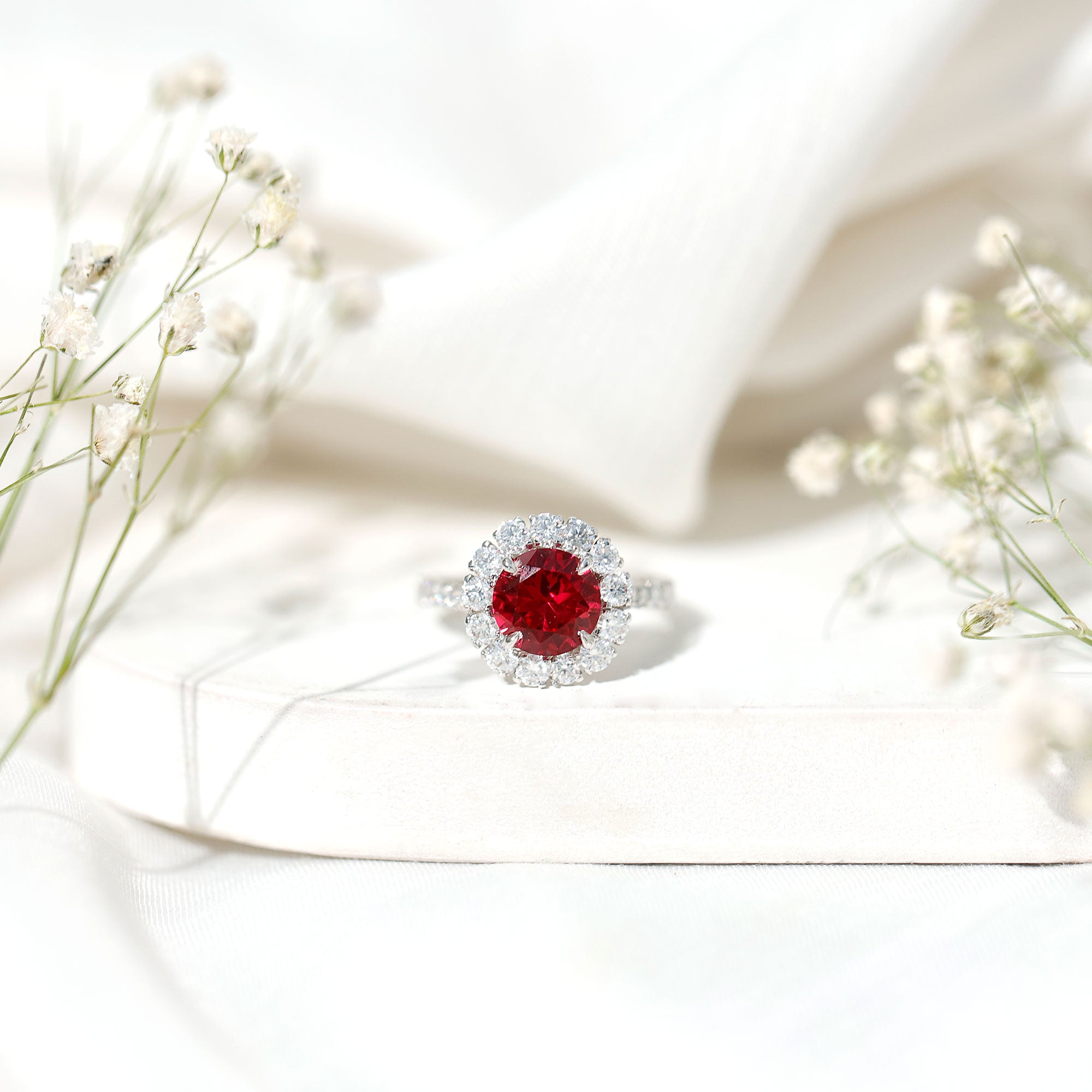 Rosec Jewels-Round Lab Created Ruby and Moissanite Halo Engagement Ring