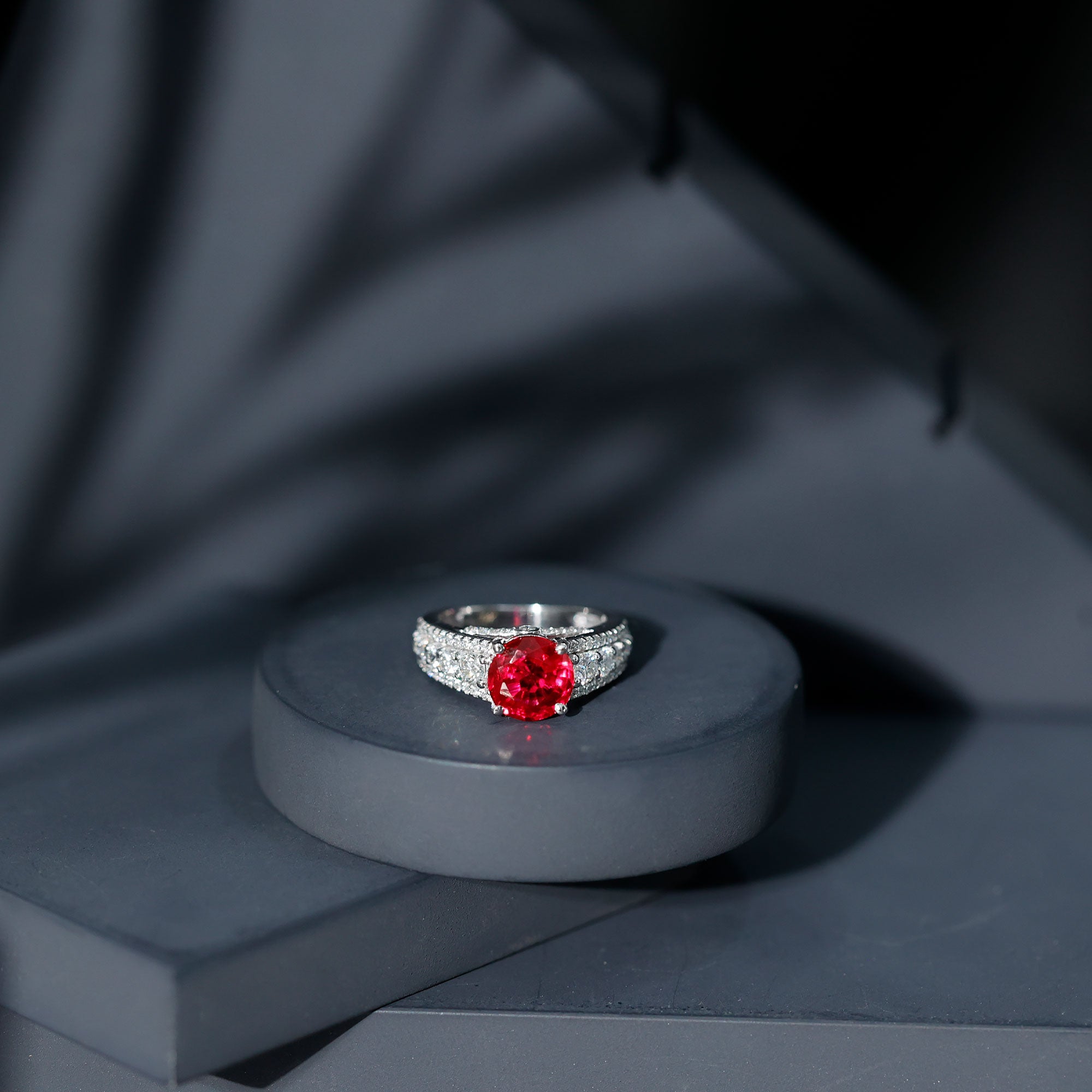 Created Ruby Statement Engagement Ring with Moissanite Side Stones AAAA - Rosec Jewels