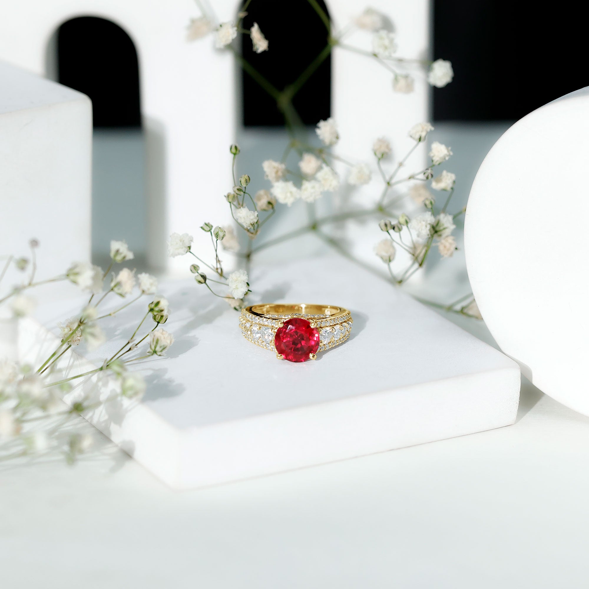 Created Ruby Statement Engagement Ring with Moissanite Side Stones AAAA - Rosec Jewels