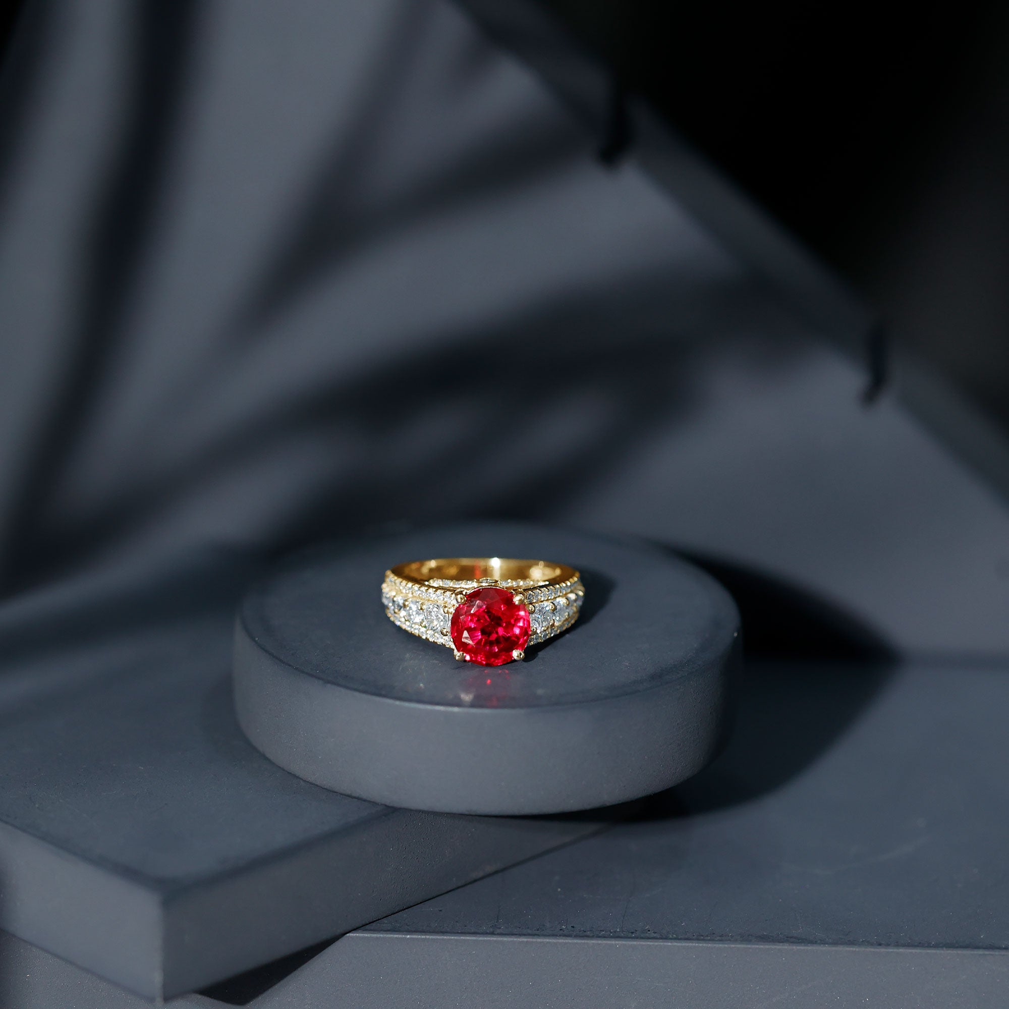 Created Ruby Statement Engagement Ring with Moissanite Side Stones AAAA - Rosec Jewels
