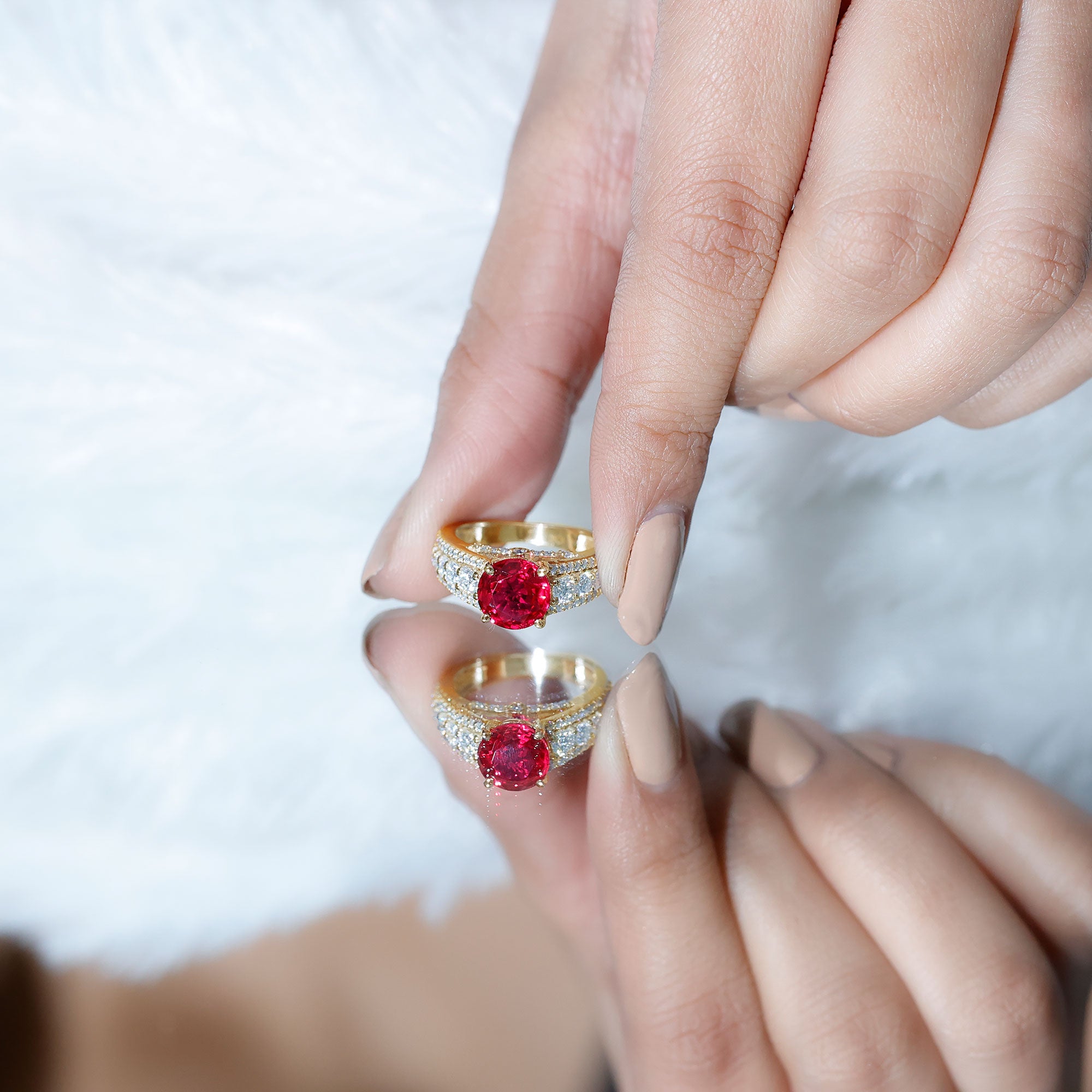 Created Ruby Statement Engagement Ring with Moissanite Side Stones AAAA - Rosec Jewels