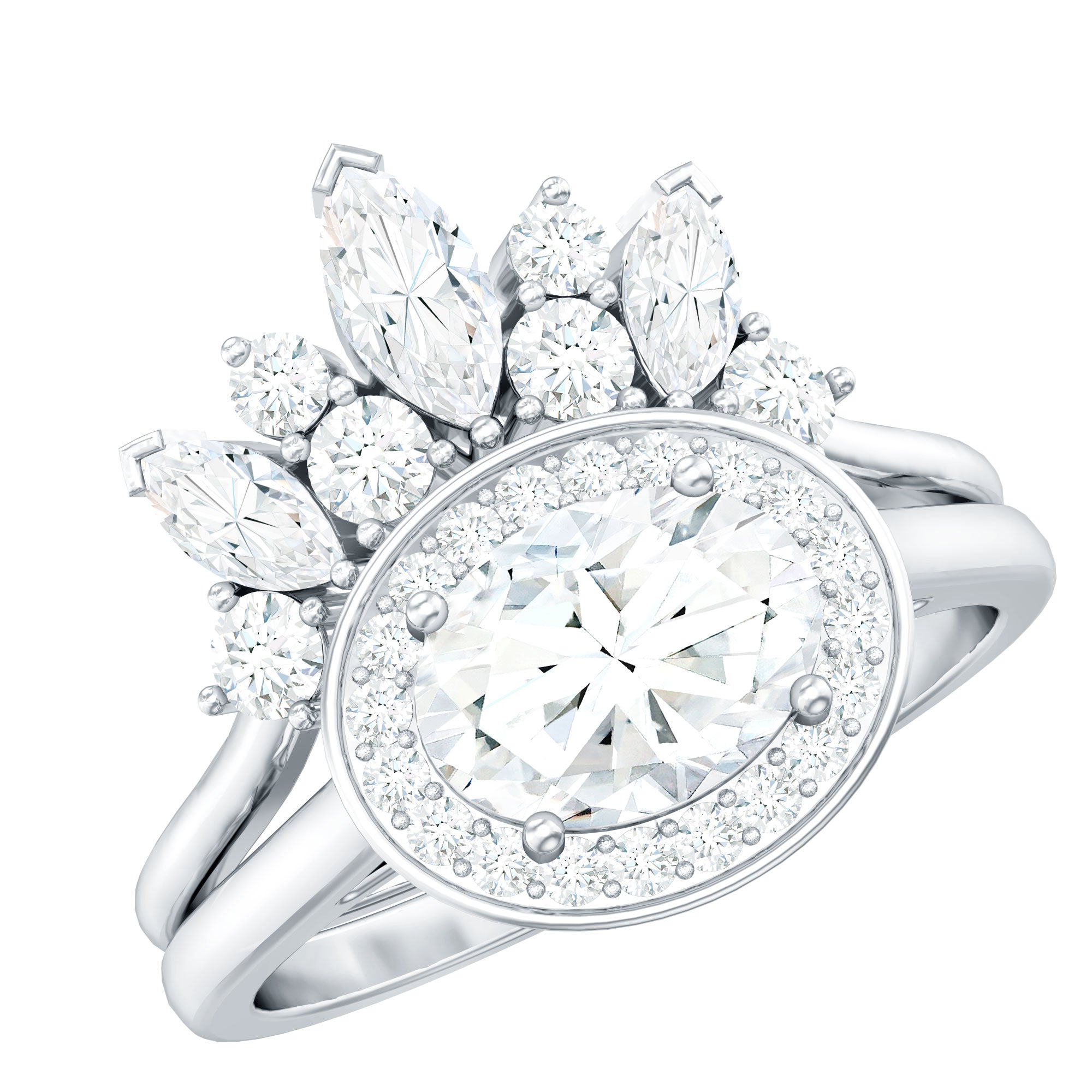 Rosec Jewels-Designer Moissanite Oval Halo Wedding Ring Set with Certificate