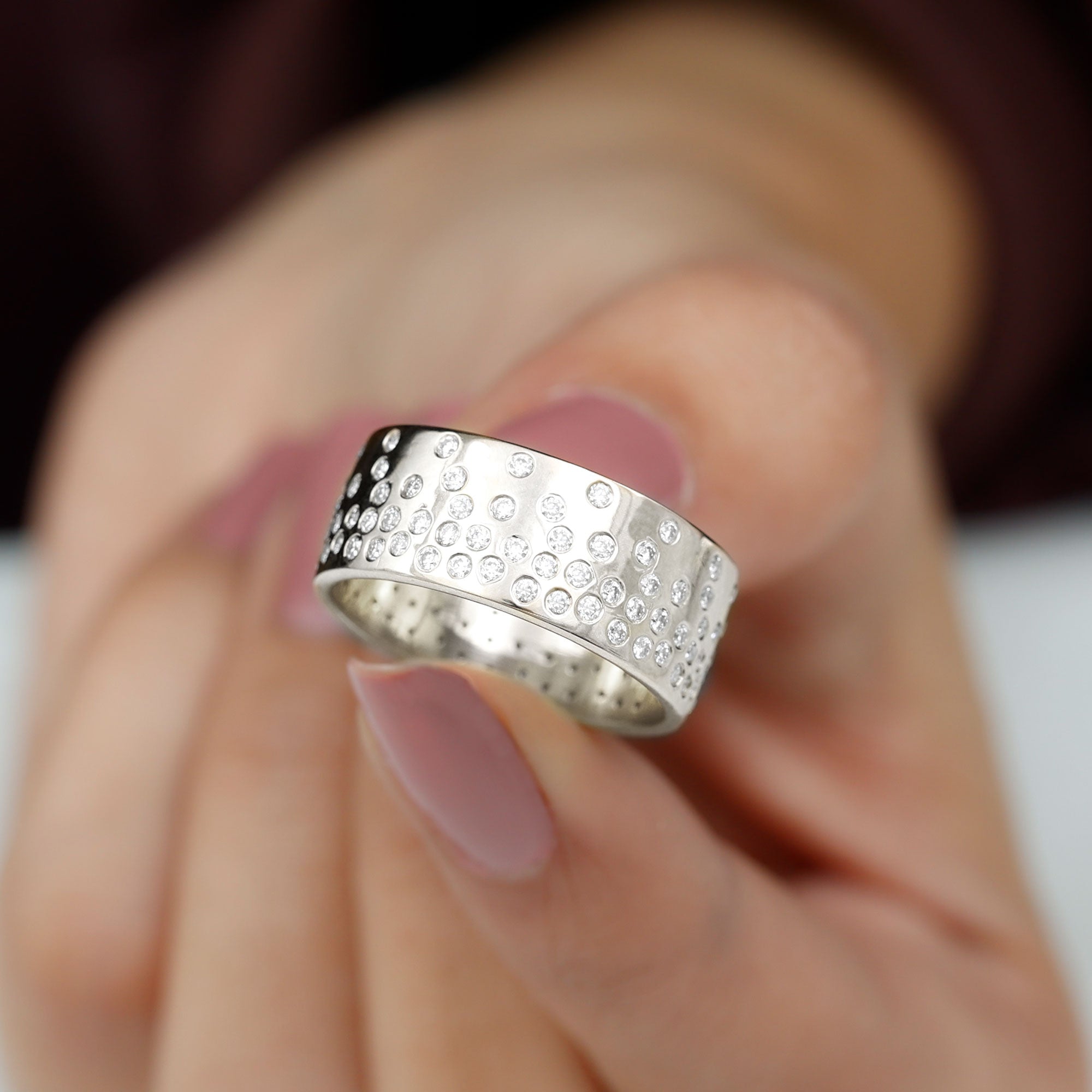 Certified Moissanite Wide Wedding Band in Flush Setting D-VS1 - Rosec Jewels