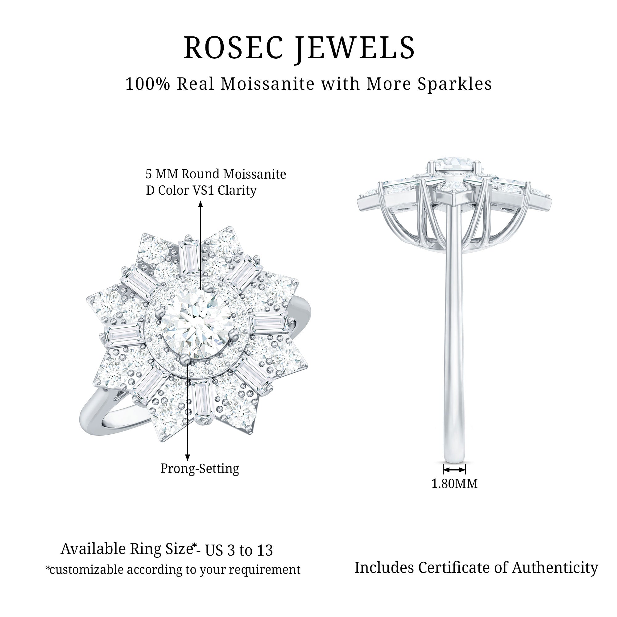 Certified Brilliant Cut Moissanite Cocktail Engagement Ring for Women D-VS1 - Rosec Jewels