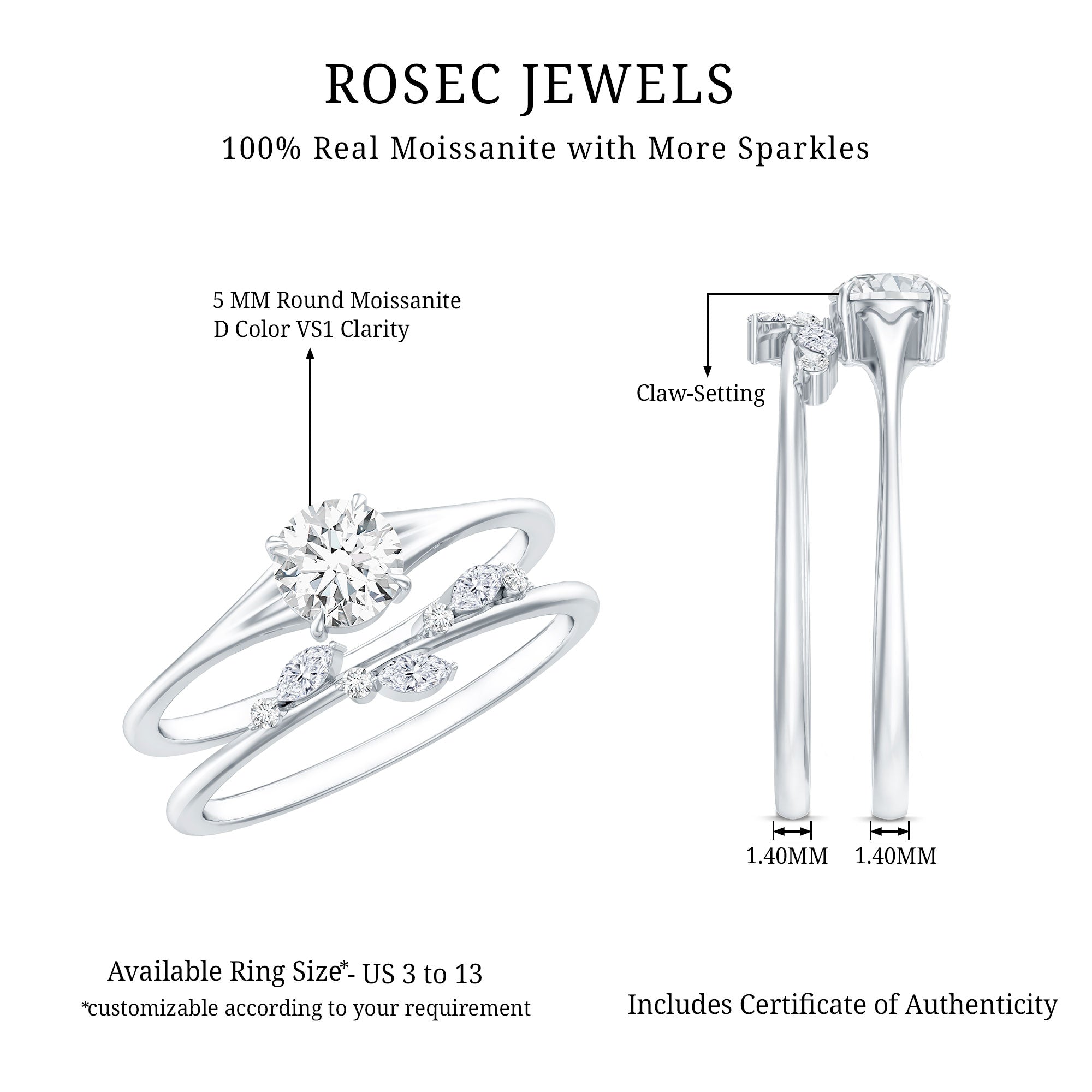 Certified Round Moissanite Modern Wedding Ring Set D-VS1 - Rosec Jewels