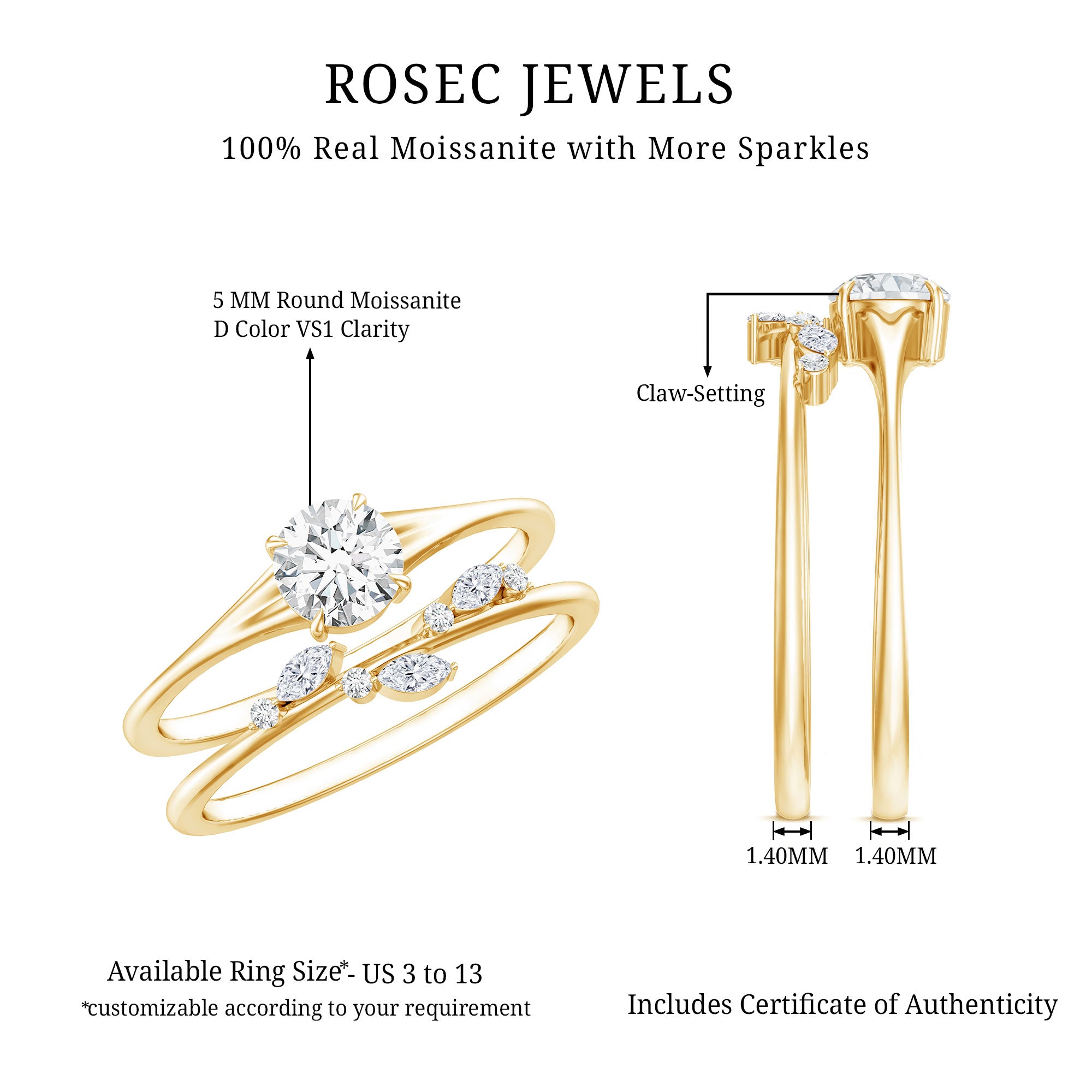 Certified Round Moissanite Modern Wedding Ring Set D-VS1 - Rosec Jewels