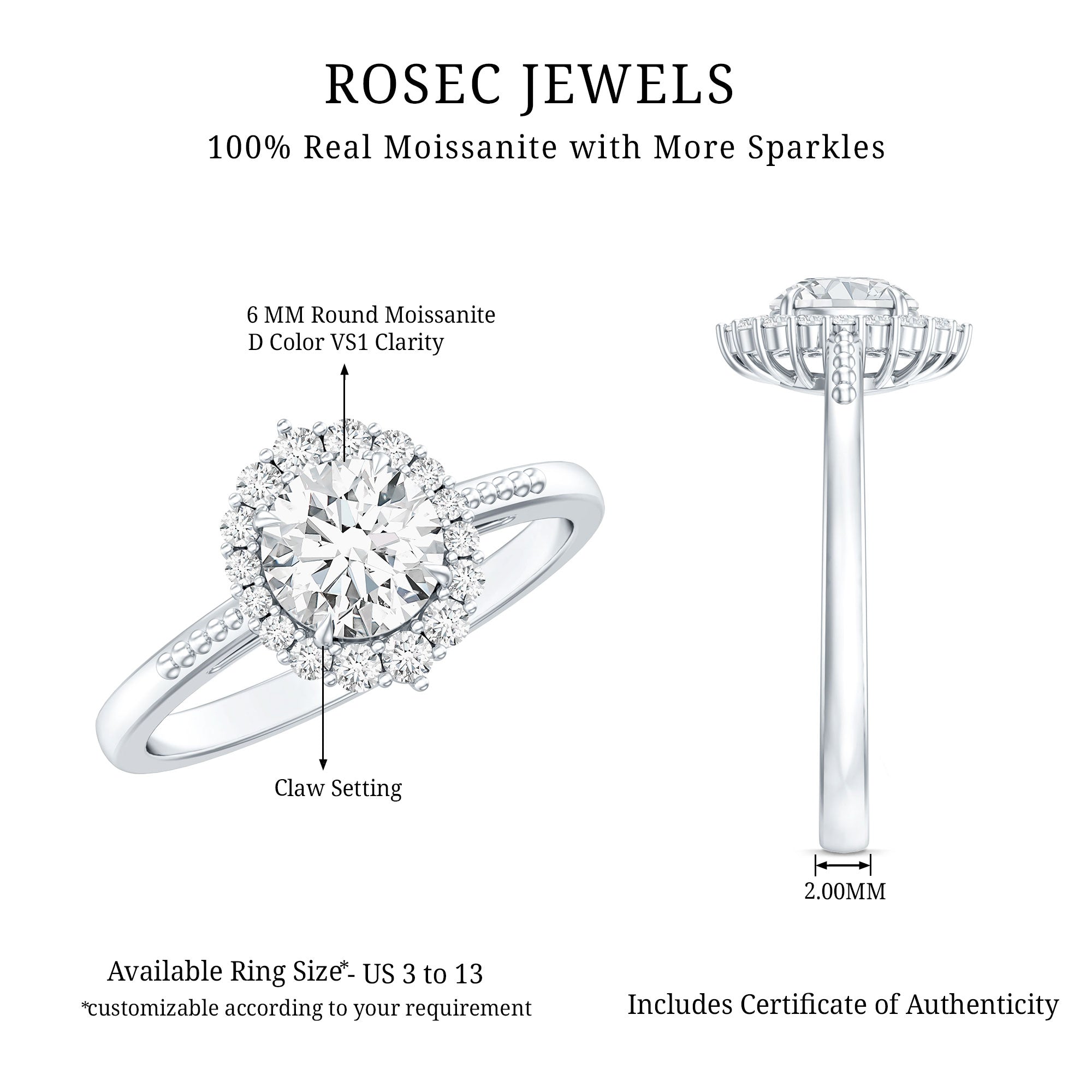 Certified Moissanite Halo Engagement Ring for Women D-VS1 - Rosec Jewels