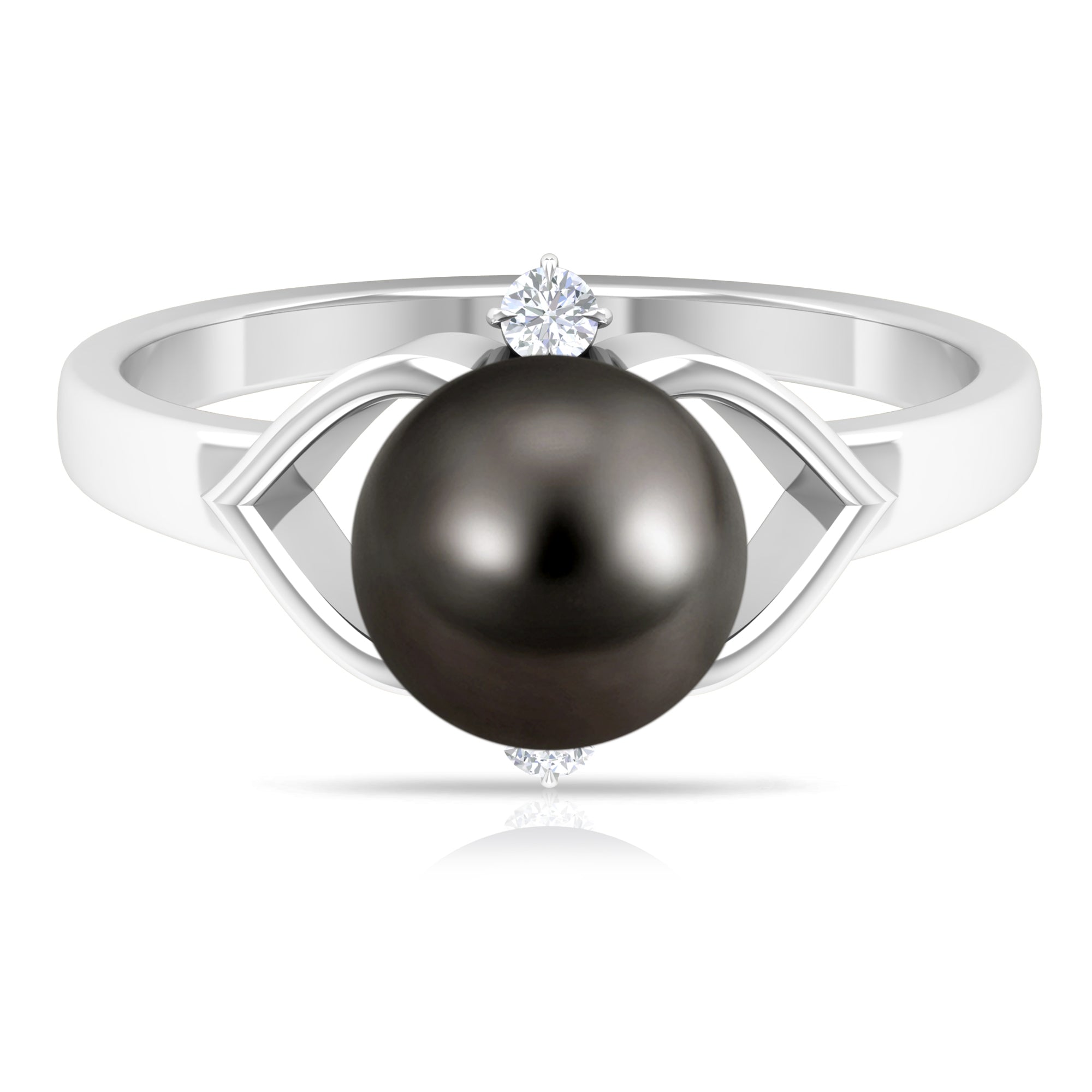 Genuine Tahitian Pearl Solitaire Split Shank Engagement Ring with Diamond AAA - Rosec Jewels