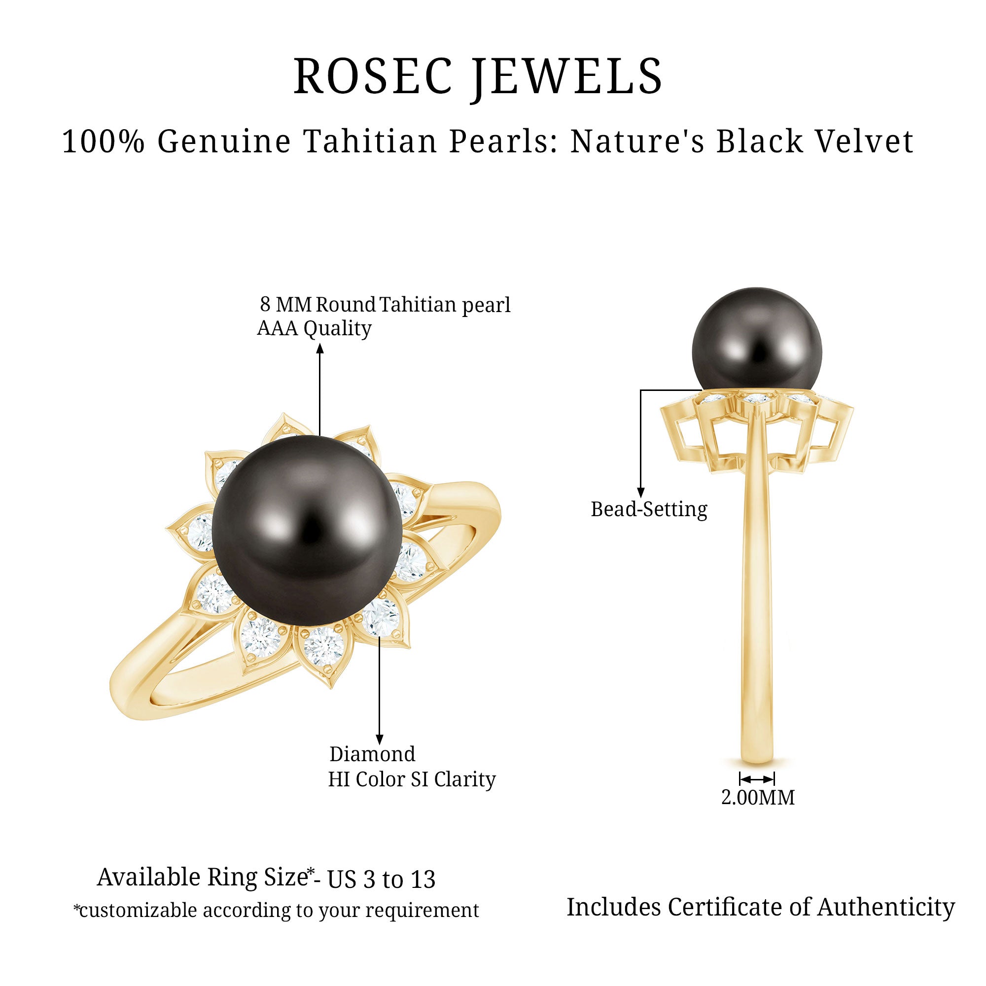 Rosec Jewels-Tahitian Black Pearl Engagement Ring with Diamond Floral Halo