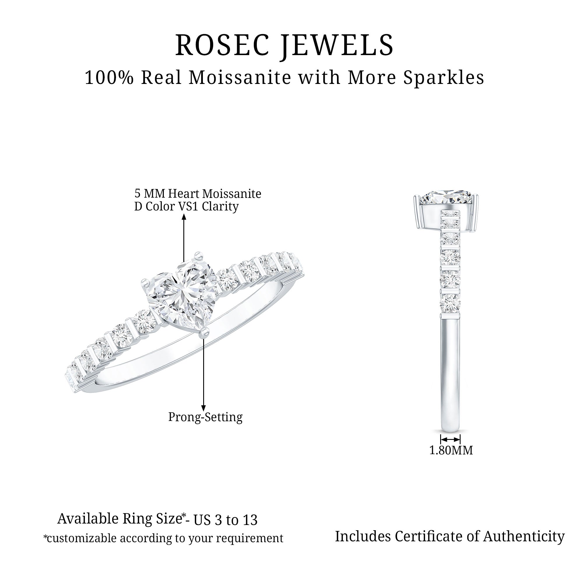 Certified 5 MM Moissanite Heart Engagement Ring with Side Stones D-VS1 - Rosec Jewels