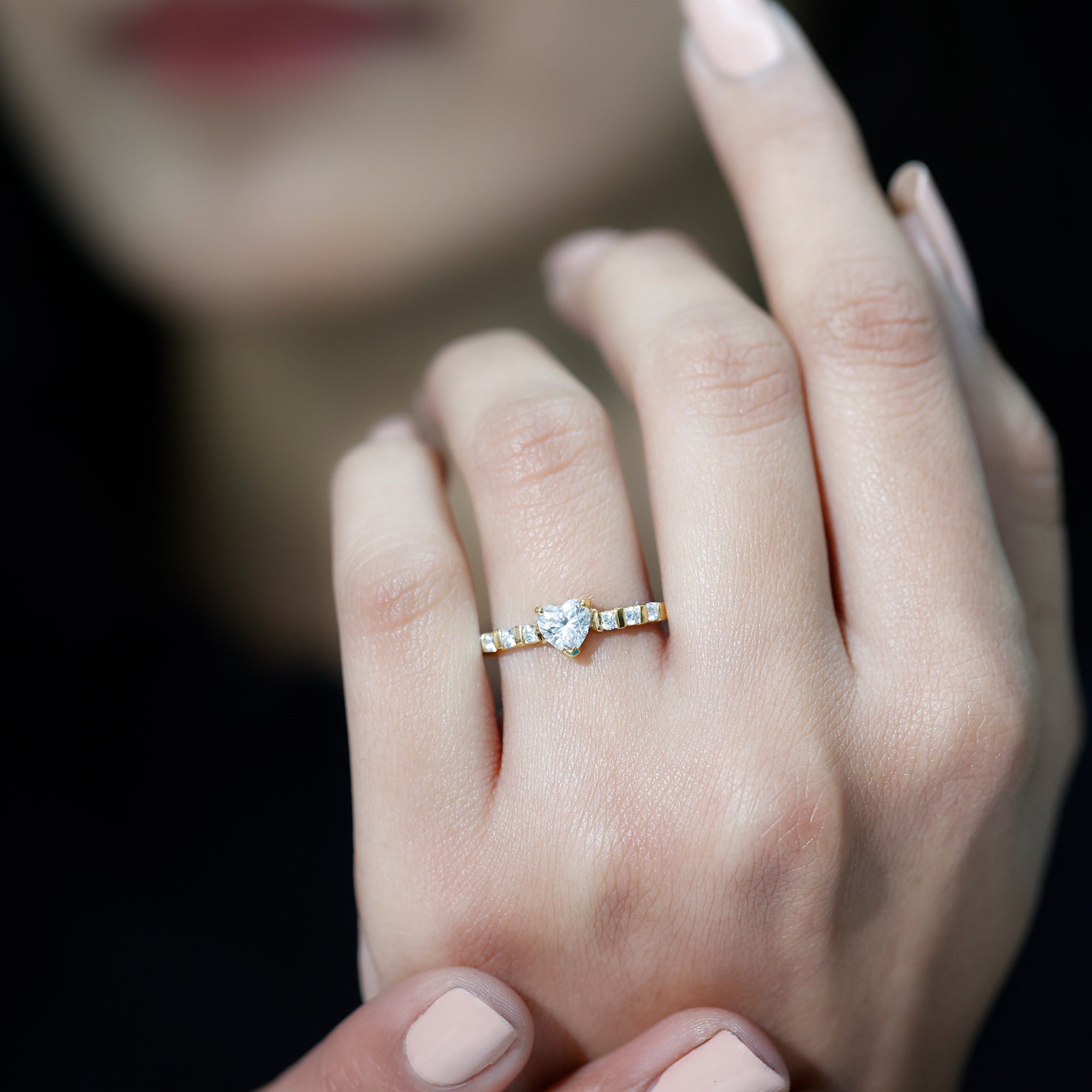 Certified 5 MM Moissanite Heart Engagement Ring with Side Stones D-VS1 - Rosec Jewels